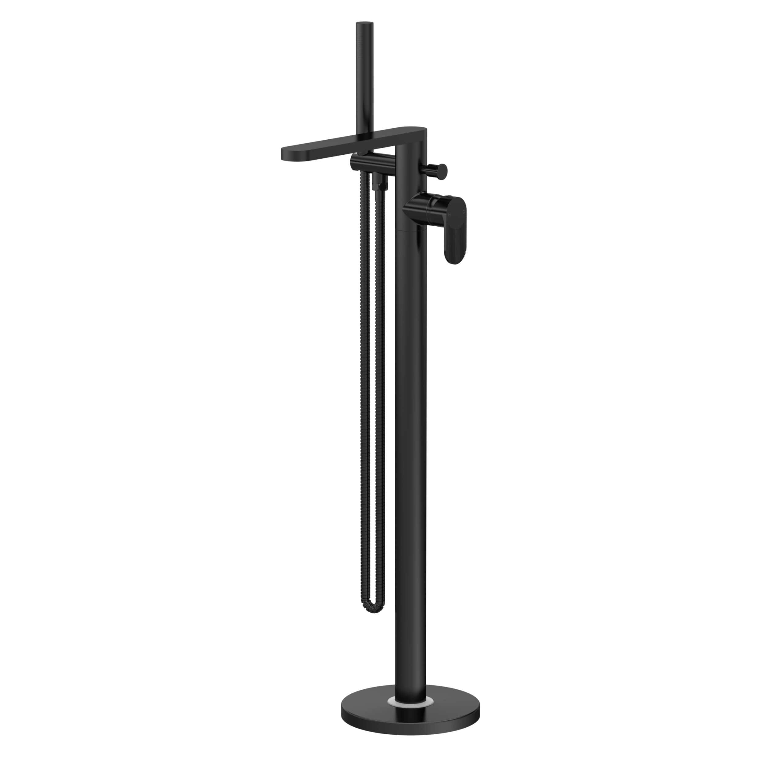 Modern black freestanding toilet brush holder with handle and cleaning brush, ideal for stylish bathroom decor and effective hygiene.