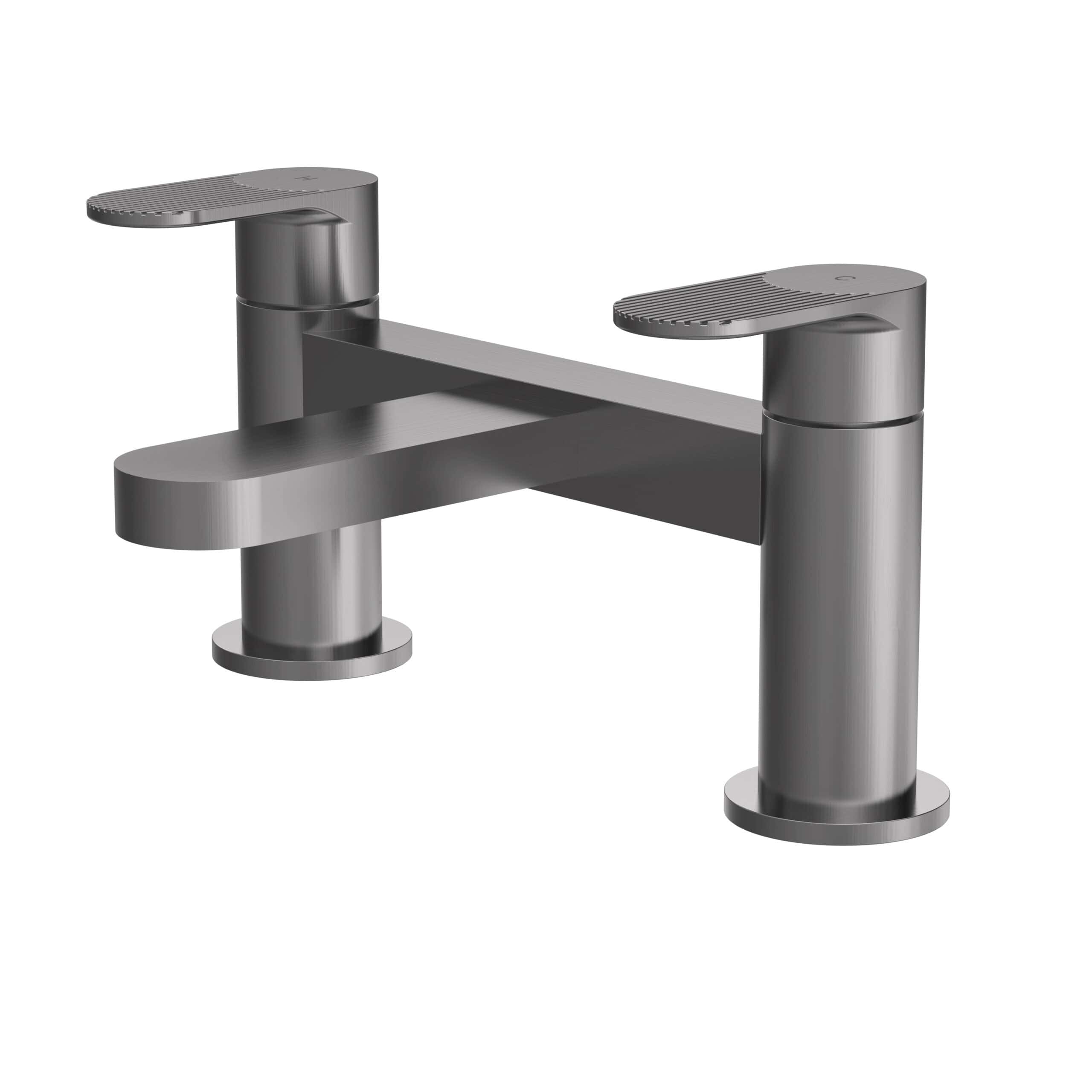 Sleek modern kitchen mixer tap in matte grey with dual lever handles, designed for contemporary bathrooms and kitchens, featuring a durable finish for easy cleaning and long-lasting use.