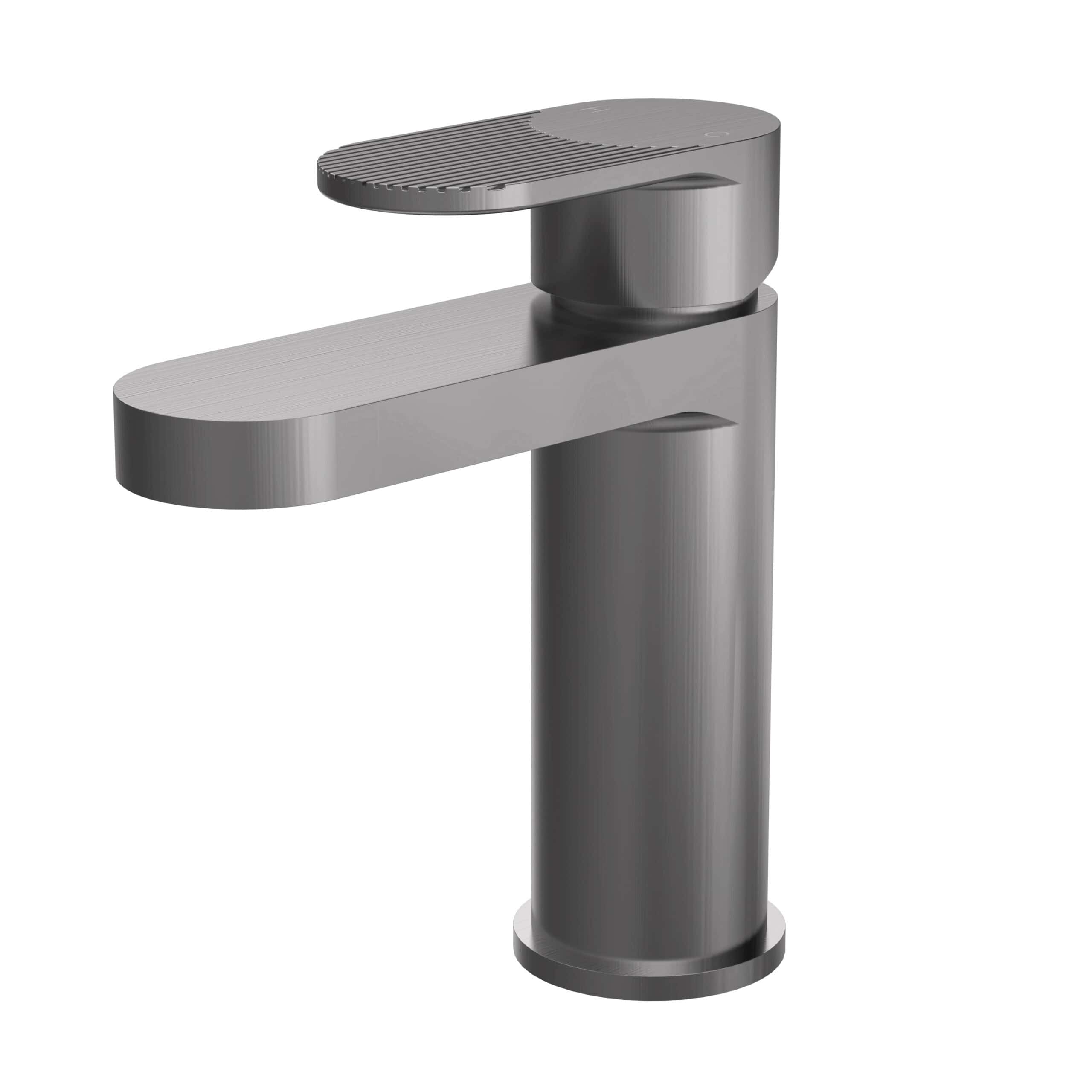 Sleek modern silver bathroom tap with a minimalist design and flat spout, perfect for contemporary bathroom decor and high-quality fixtures.