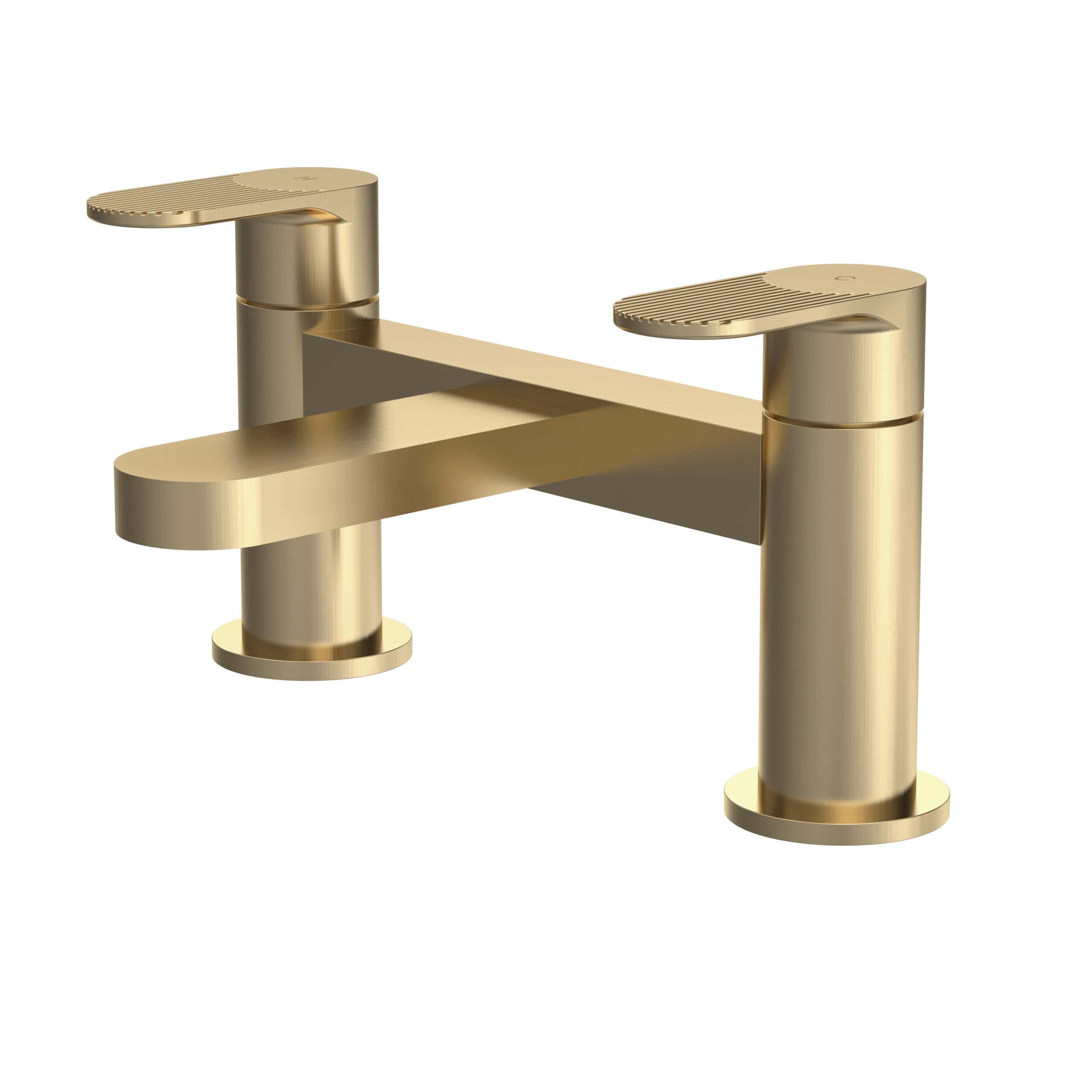 Brass bathroom mixer tap with dual handles, modern design, perfect for stylish bathroom renovations and upgrades, featuring sleek gold finish and contemporary aesthetics.