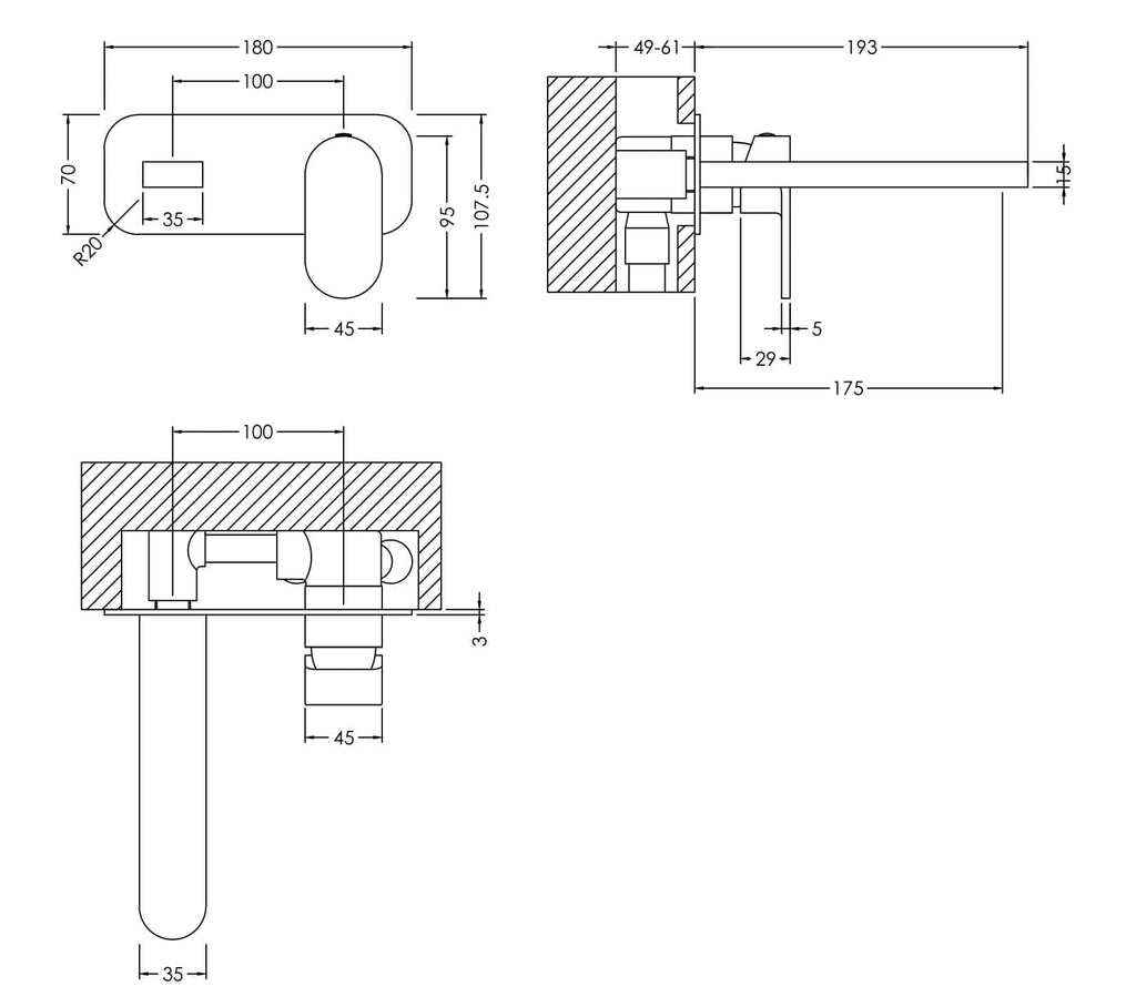 Chrome Plumbing Fixtures, technical engineering drawings of bathroom tap tapware, side, top, and front view, detailed measurements and specifications for bathroom installation.