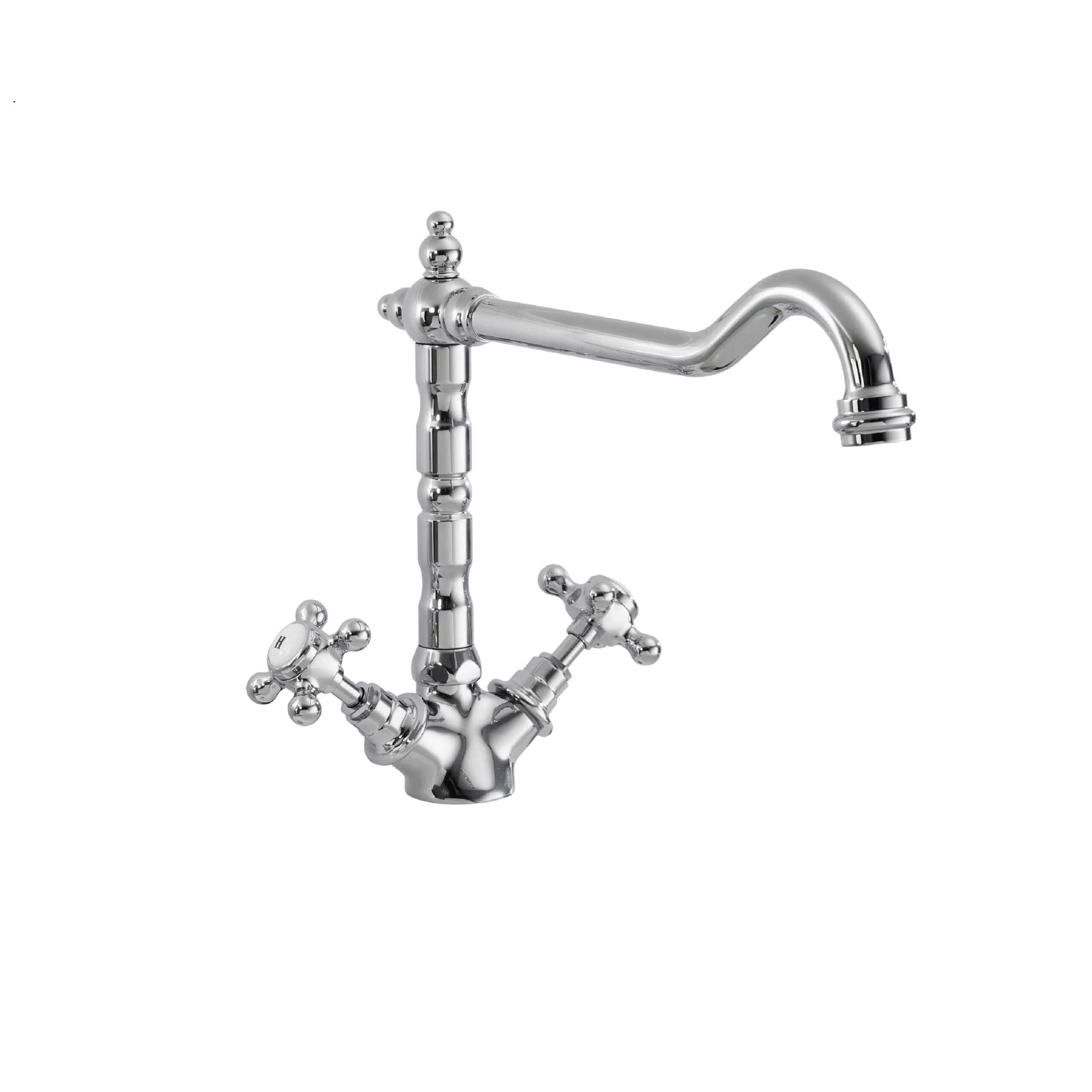 Polished chrome kitchen tap with classical design and twin cross handle controls, ideal for traditional styled bathrooms and kitchens.