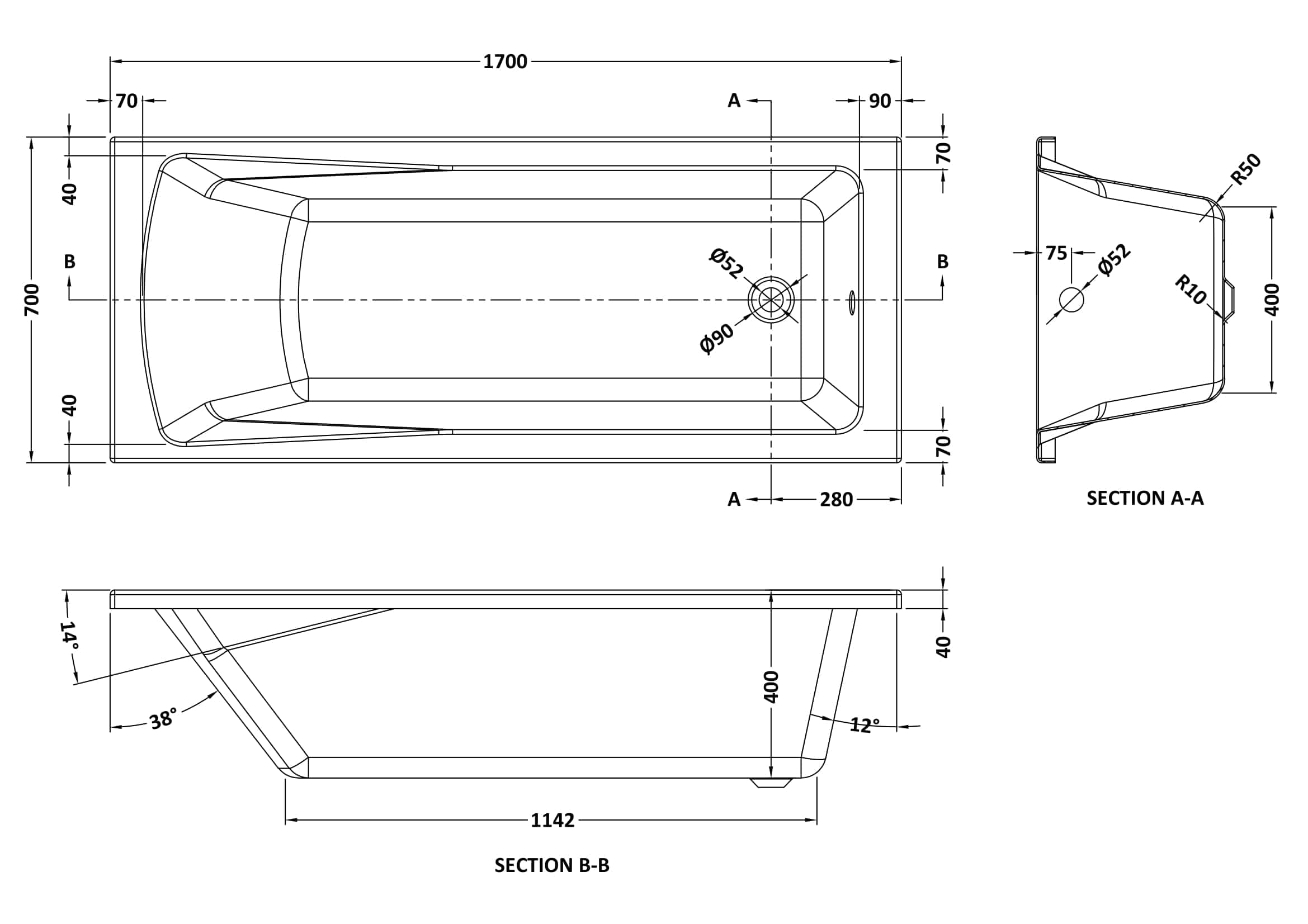 Sleek modern bathtub design with detailed measurements, perfect for contemporary bathrooms. Features a spacious interior with clean lines, ideal for relaxing baths and stylish bathroom updates.