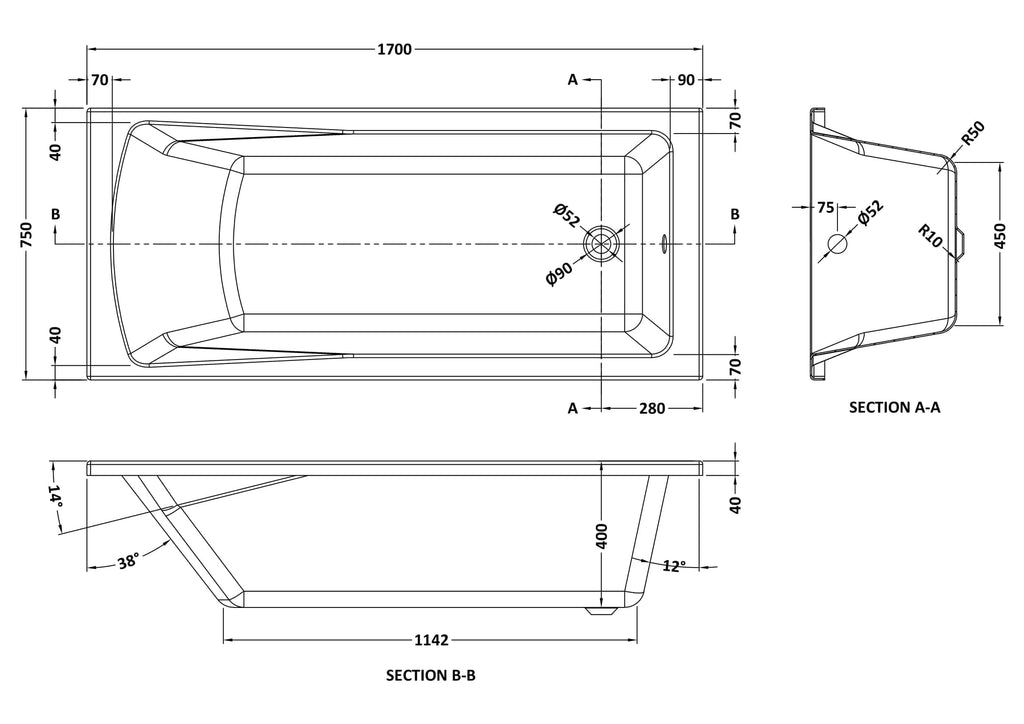 Sleek modern freestanding bathtub with ergonomic design, detailed technical drawing, dimensions, and plumbing specifications for luxurious bathroom renovation.