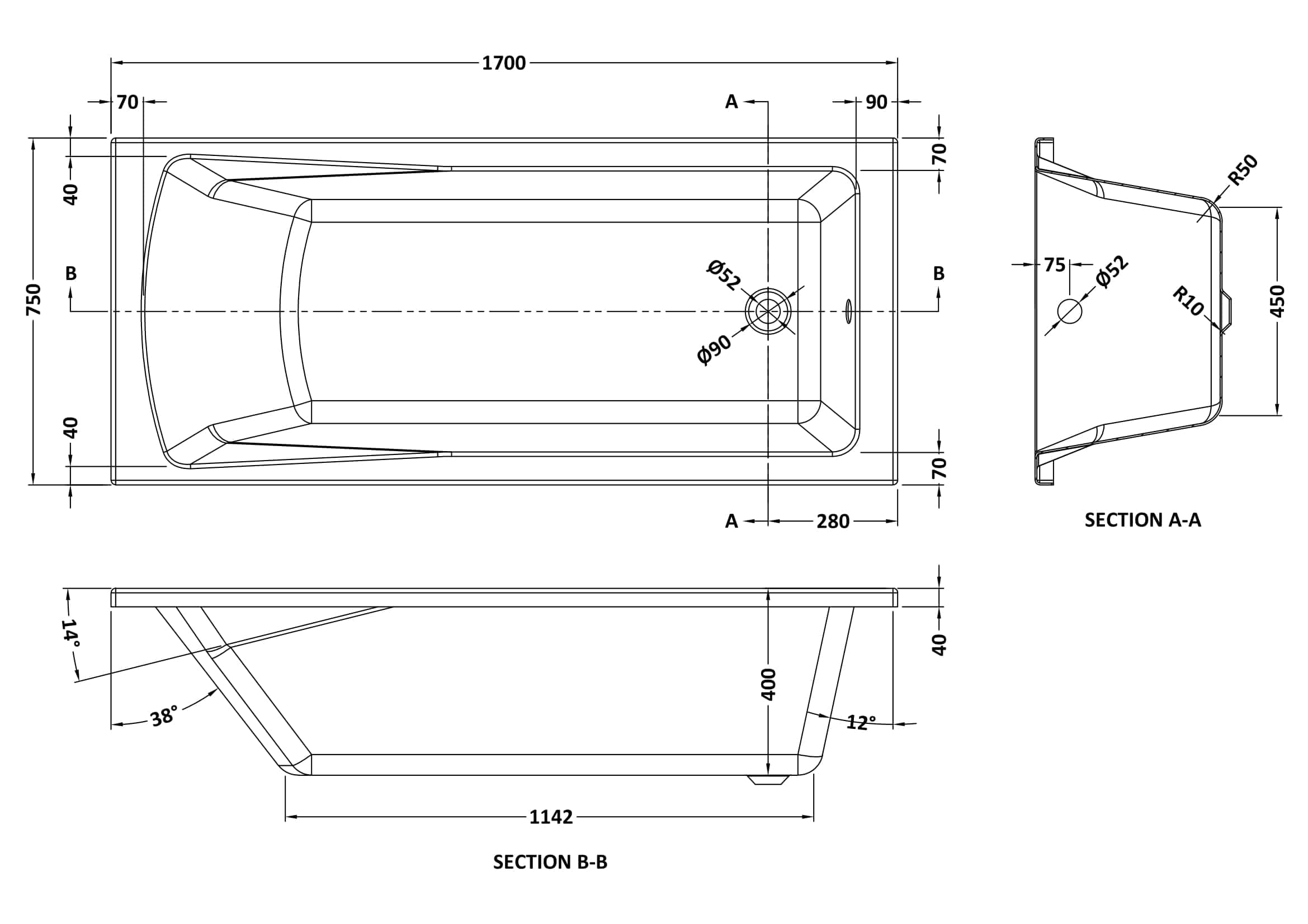 Sleek modern freestanding bathtub with ergonomic design, detailed technical drawing, dimensions, and plumbing specifications for luxurious bathroom renovation.