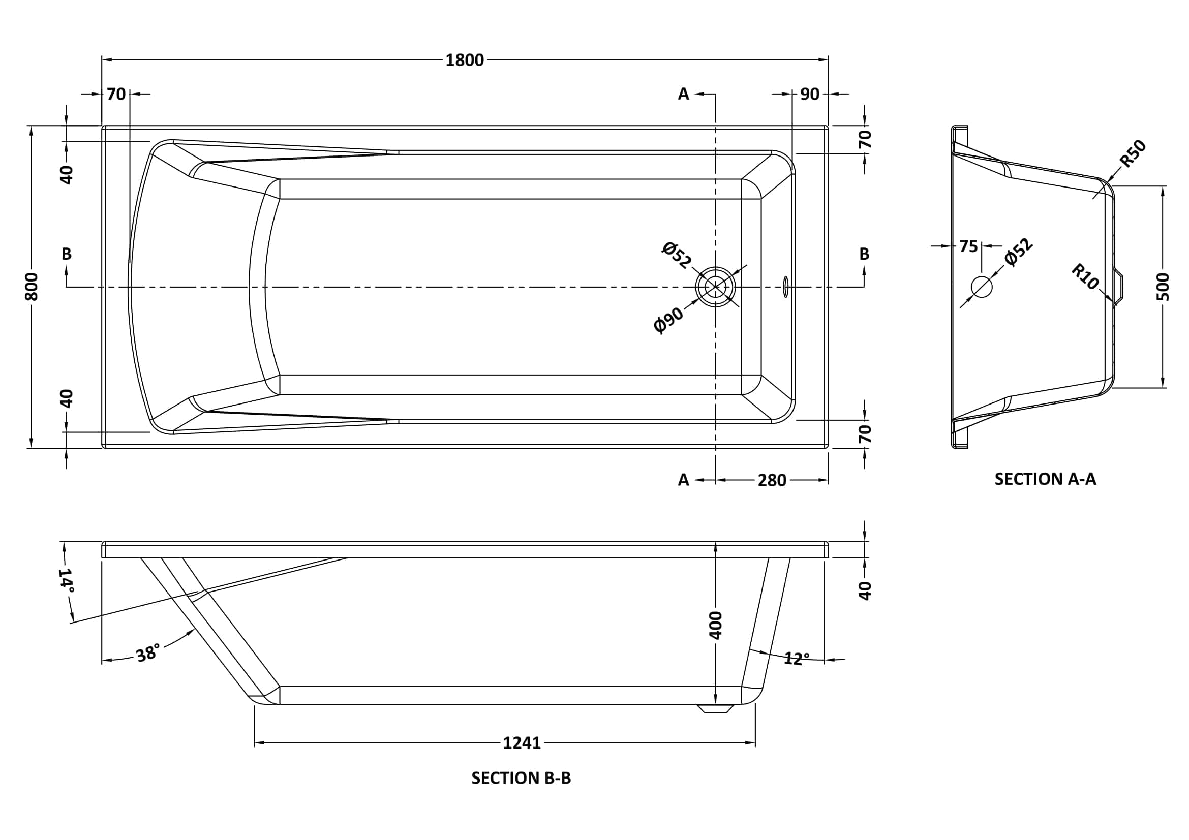 Seamless freestanding bathtub with modern design, detailed technical drawing, perfect for luxurious bathrooms, featuring precise measurements for installation and plumbing compatibility.