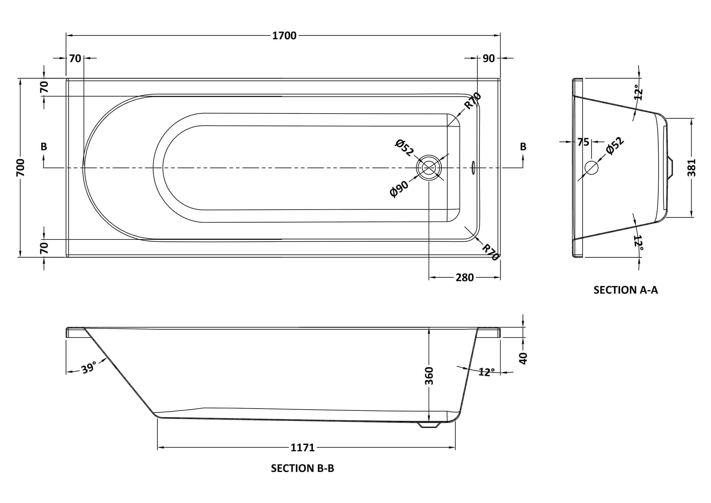 Schematic technical drawing of a modern bathtub from Bubly Bathrooms, showcasing detailed dimensions, design specifications, and installation features for customised bathroom renovations.