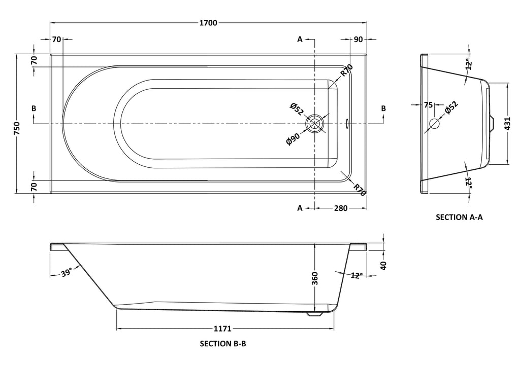 Sleek modern bathtub with precise technical drawing, featuring dimensions and angles, ideal for luxurious bathroom designs and fittings.
