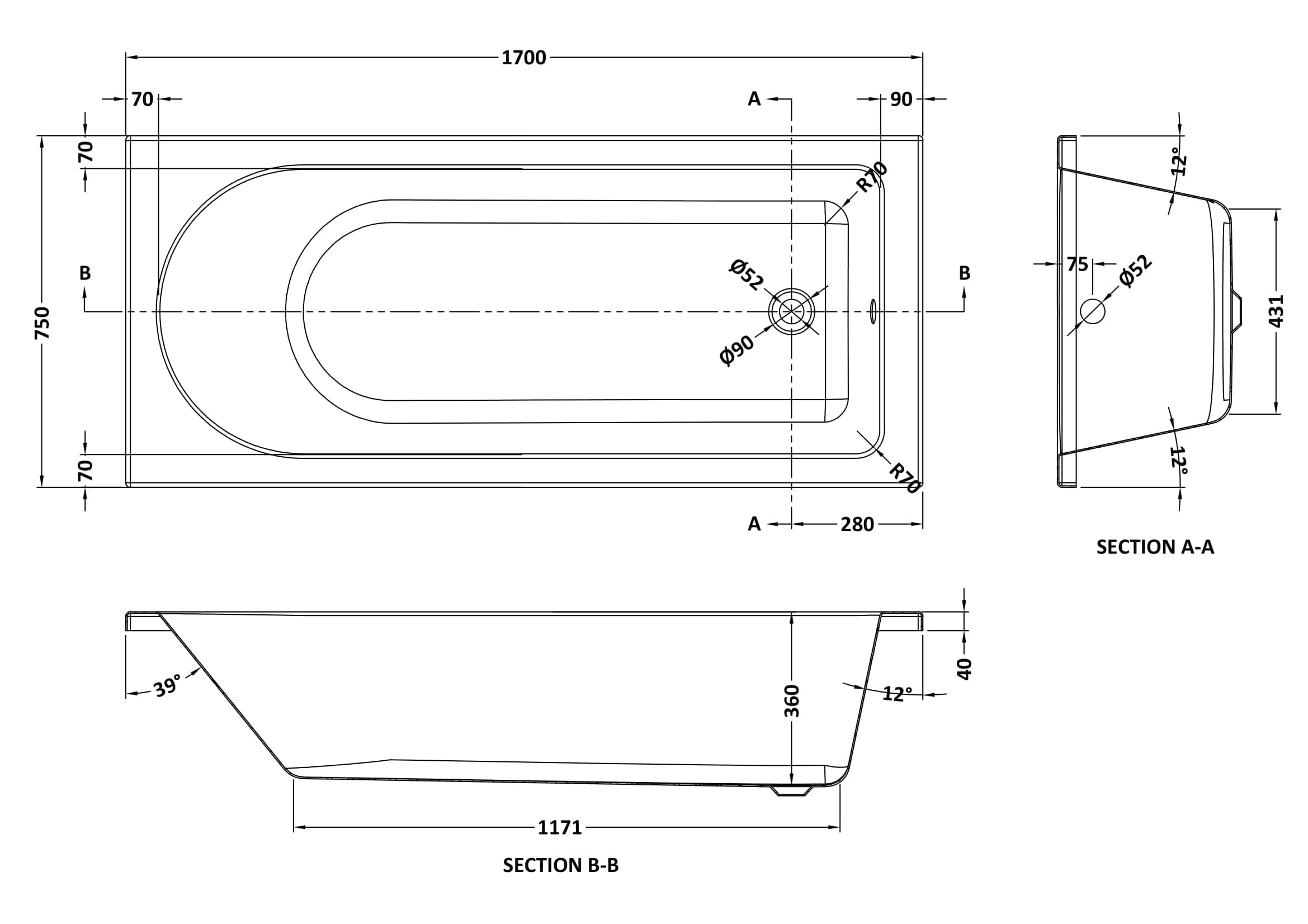 Sleek modern bathtub with precise technical drawing, featuring dimensions and angles, ideal for luxurious bathroom designs and fittings.