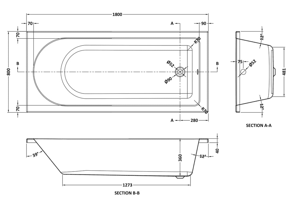 Sleek modern bathtub technical drawing with dimensions and angles, ideal for bathroom renovation and design projects.