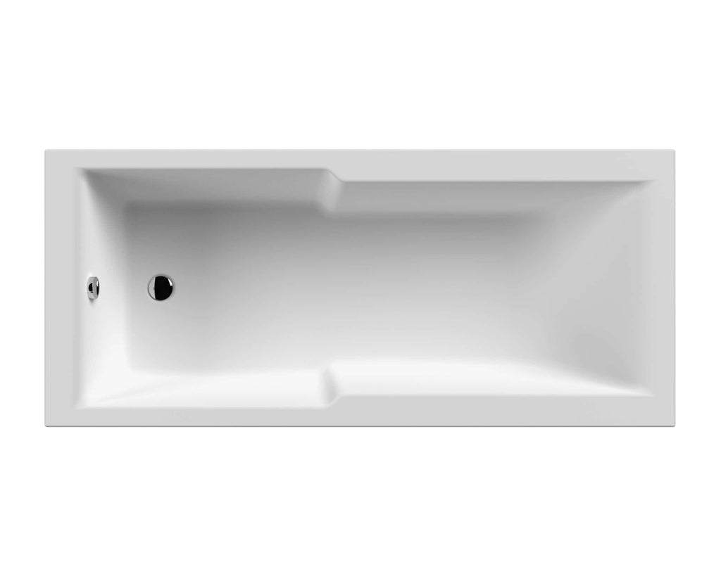 Sleek white rectangular modern bathtub with built-in overflow and drain, ideal for luxurious bathrooms and relaxation spaces.