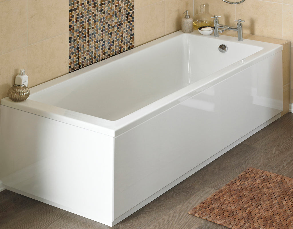 Sleek white bathtub in modern bathroom with beige tiling, mosaic feature wall, and wooden flooring. Perfect for relaxing baths and bathroom renovation designs.