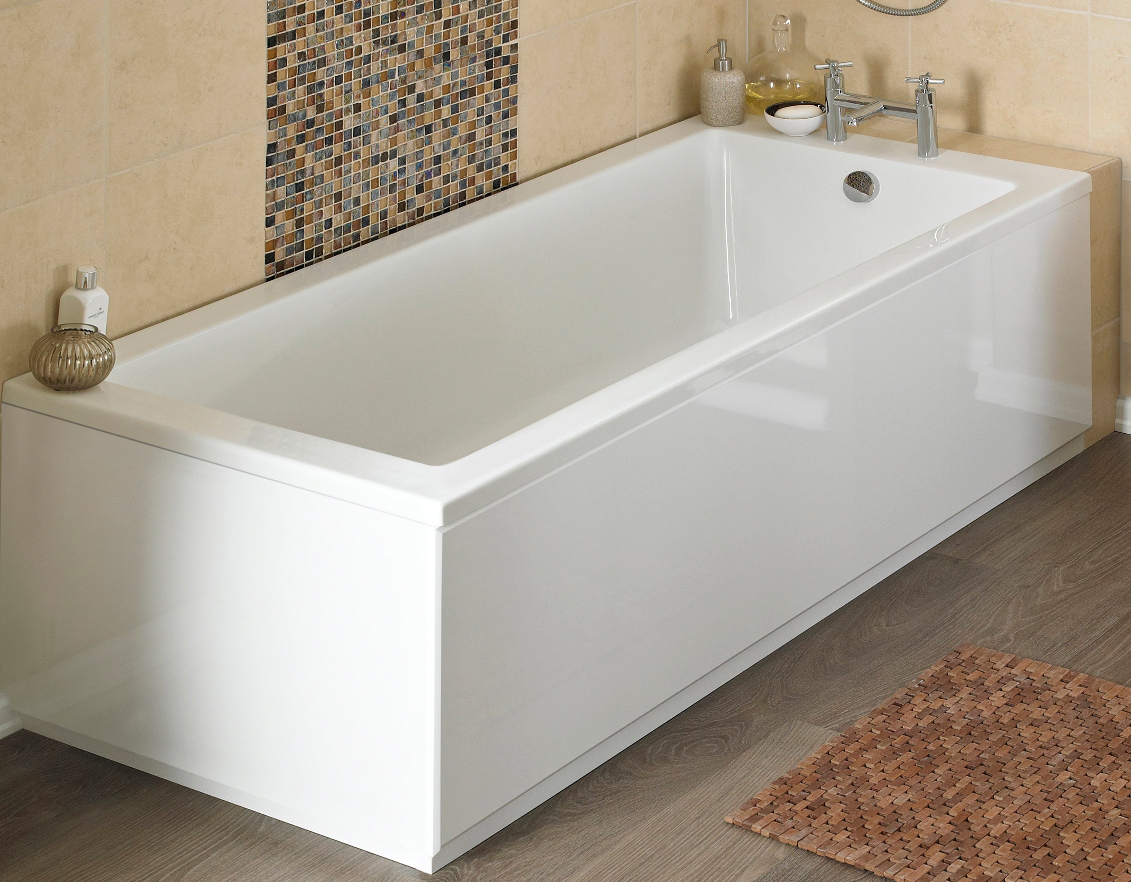 Sleek white bathtub in modern bathroom with beige tiling, mosaic feature wall, and wooden flooring. Perfect for relaxing baths and bathroom renovation designs.