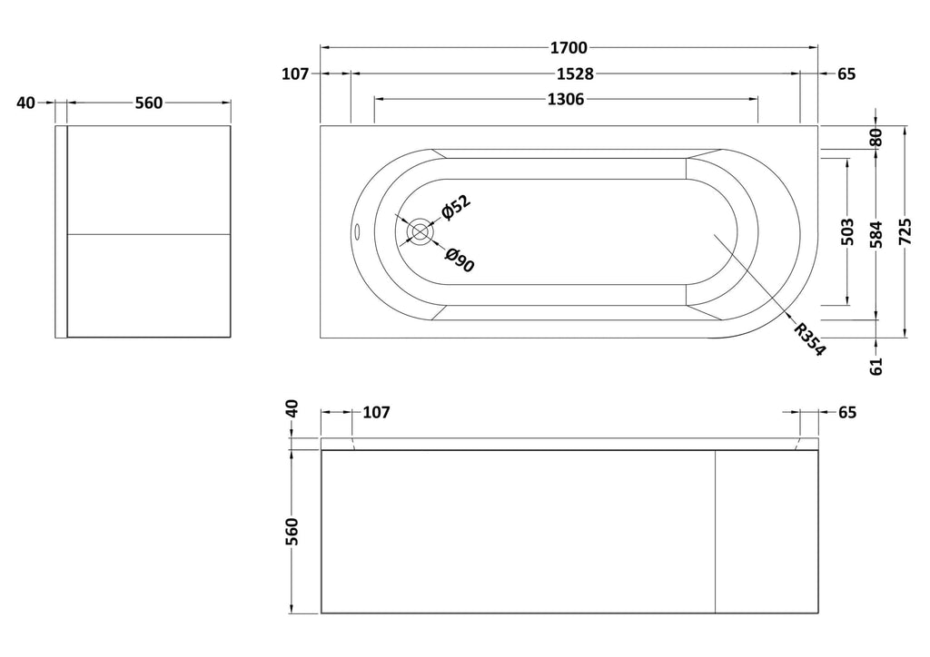 High-quality technical drawing of a modern bathtub with detailed measurements and design specifications for custom bathroom installations.