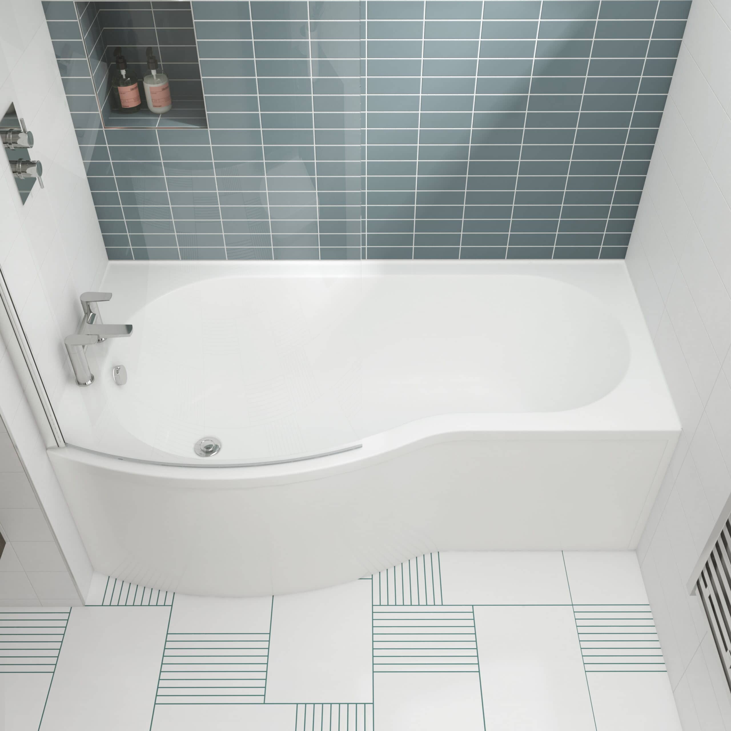 Modern white bathtub with curved design in a contemporary bathroom featuring blue subway wall tiles and geometric patterned floor tiles. Perfect for relaxing baths and bathroom renovation ideas.