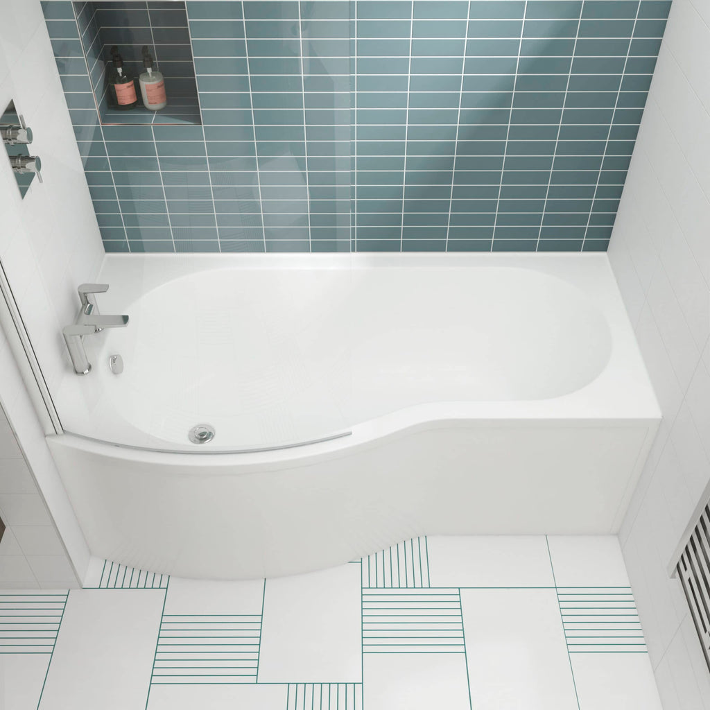 Modern white bathtub with curved design in a contemporary bathroom featuring blue subway wall tiles and geometric patterned floor tiles. Perfect for relaxing baths and bathroom renovation ideas.
