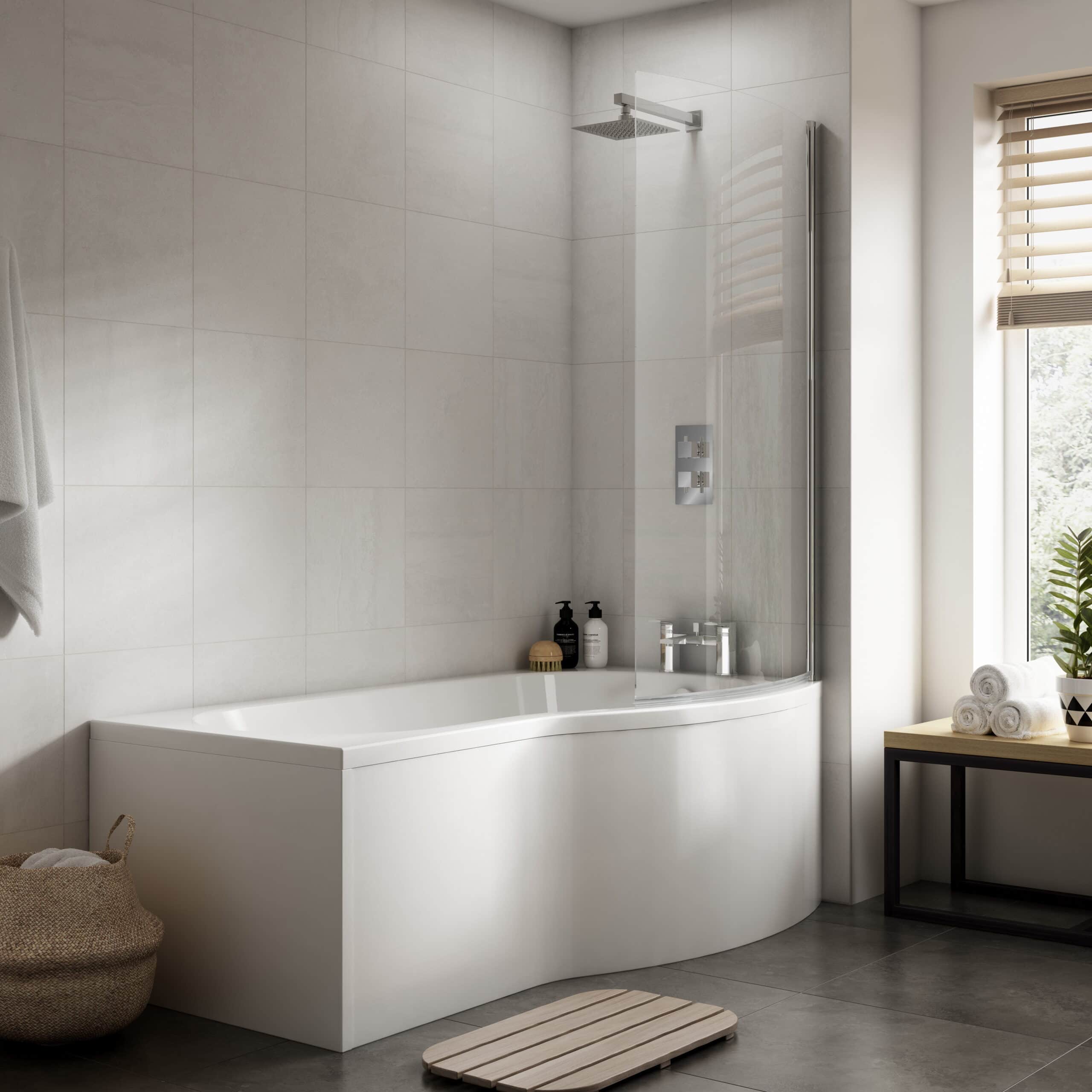Sleek modern bathtub with glass shower screen in a minimalist bathroom with neutral tones, perfect for luxurious bathroom renovations.