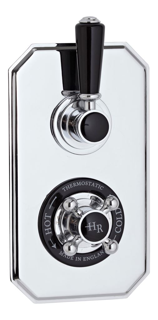 Brass thermostatic shower valve with vintage style control knobs in chrome finish, ideal for modern and traditional bathroom settings.