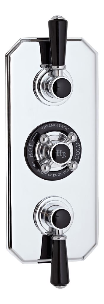 Bubly bathrooms thermostatic shower valve with chrome finish and black handles for precise temperature control and modern bathroom design.