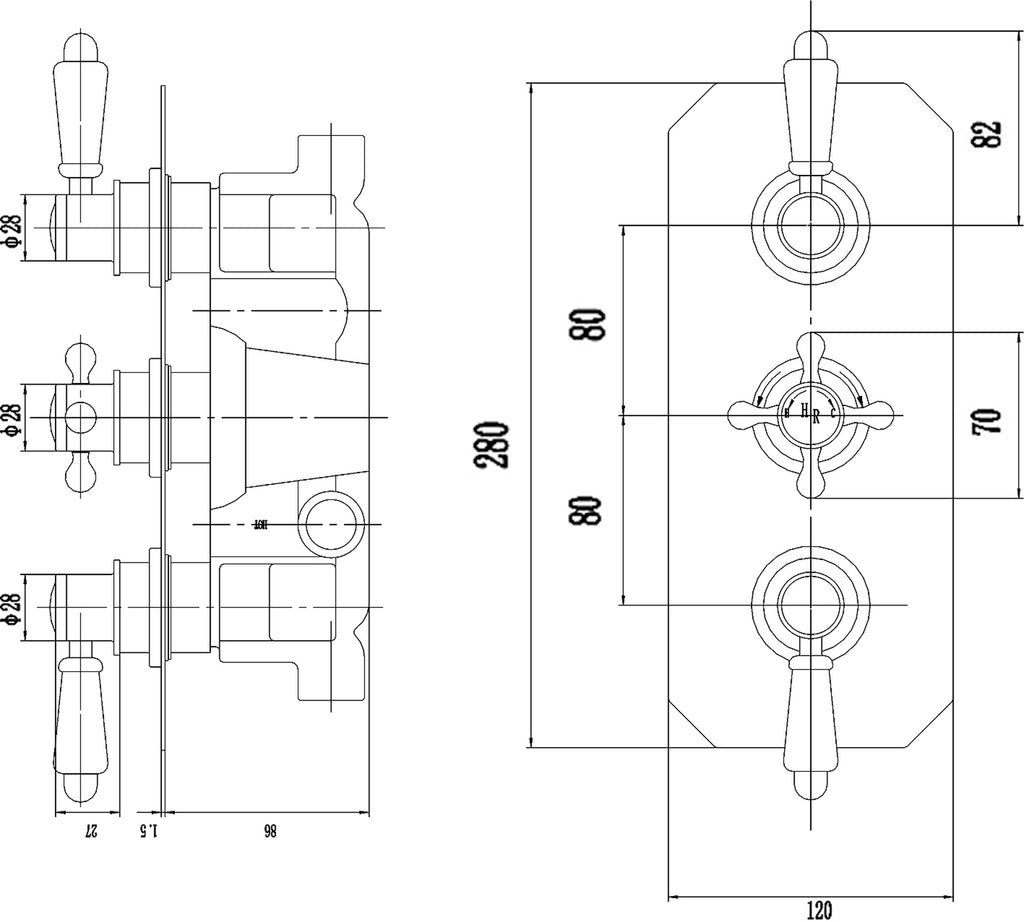 Shower valve technical drawing, bathroom plumbing fixture, precise measurements for installation, chrome-plated thermostatic mixer valve for modern bathrooms, plumbing component diagram.