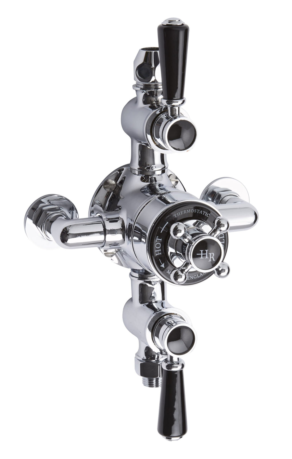 Shiny chrome bathroom mixer tap with vintage-style handles, ideal for modern or traditional bathroom aesthetics, providing hot and cold water control.