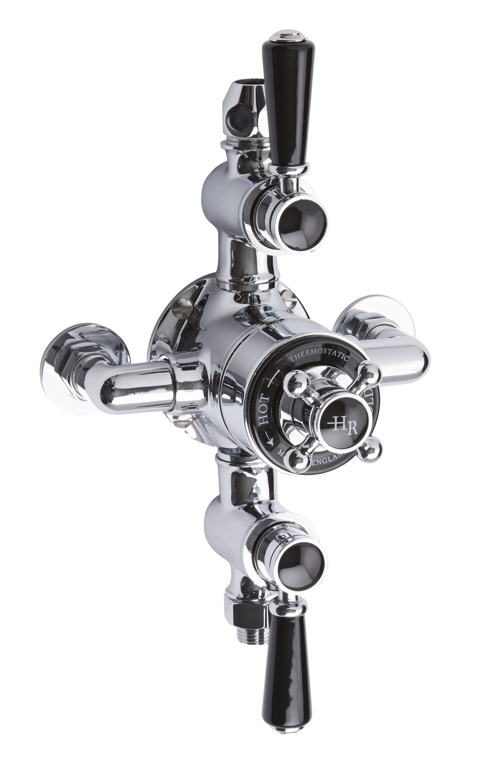 Shiny chrome bathroom mixer tap with vintage-style handles, ideal for modern or traditional bathroom aesthetics, providing hot and cold water control.