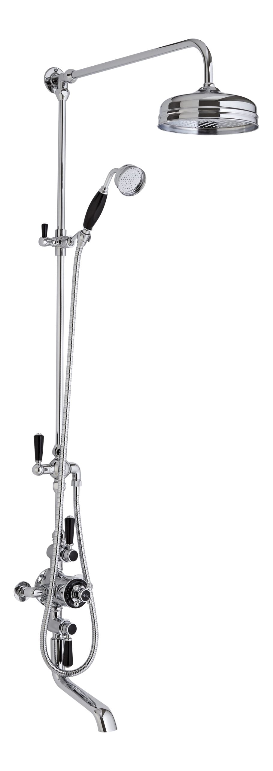 Shower head and hand-held shower mixer with adjustable controls and chrome finish, designed for modern bathrooms, offering versatile bathing options and stylish bathroom upgrades.