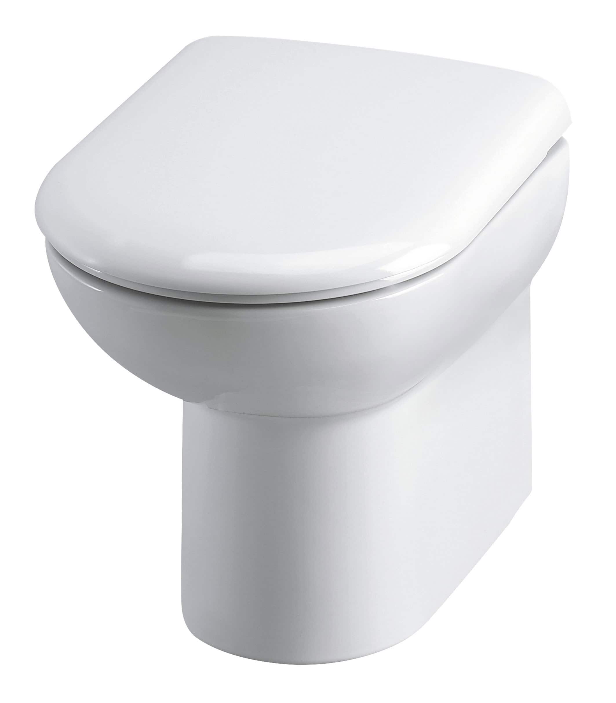 Sleek modern white toilet with soft-close lid, ideal for contemporary bathrooms and space-saving installations.