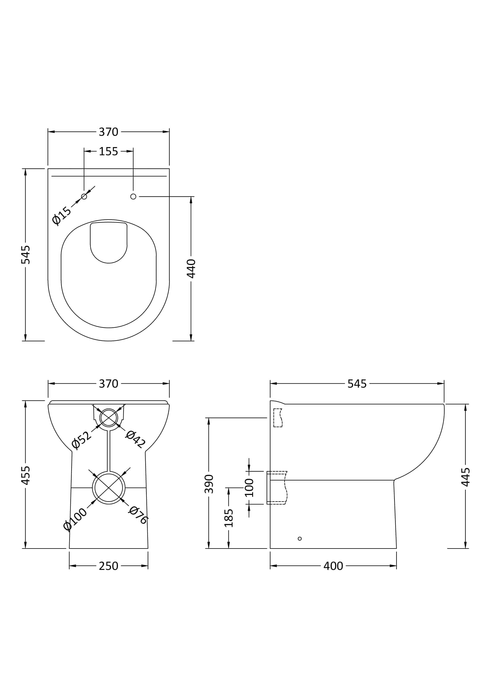 '- Modern toilet design with technical dimensions and specifications for bathroom renovations or plumbing projects.