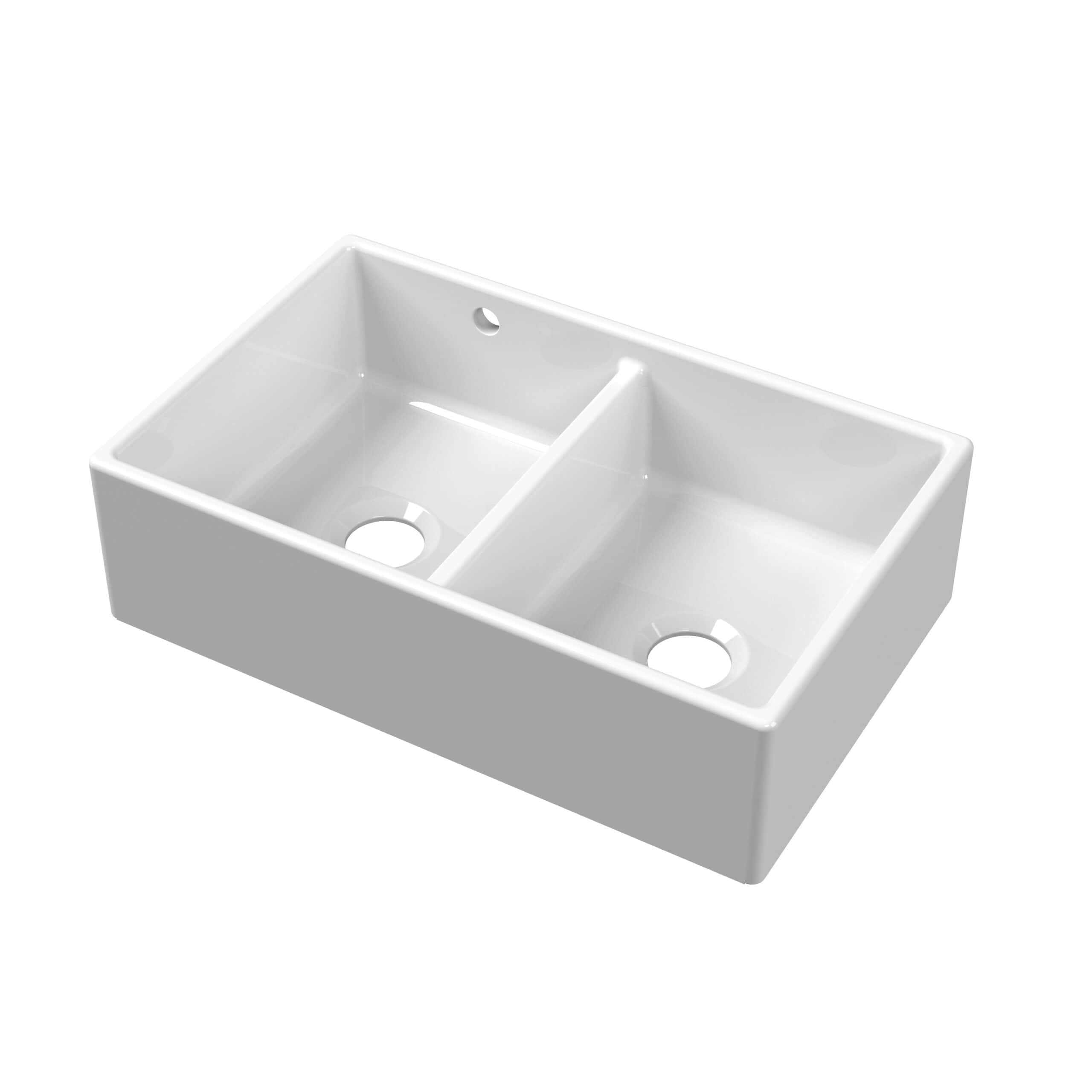 White double-basin ceramic kitchen sink with divided compartments, ideal for modern bathrooms and kitchens, featuring sleek design and easy installation.
