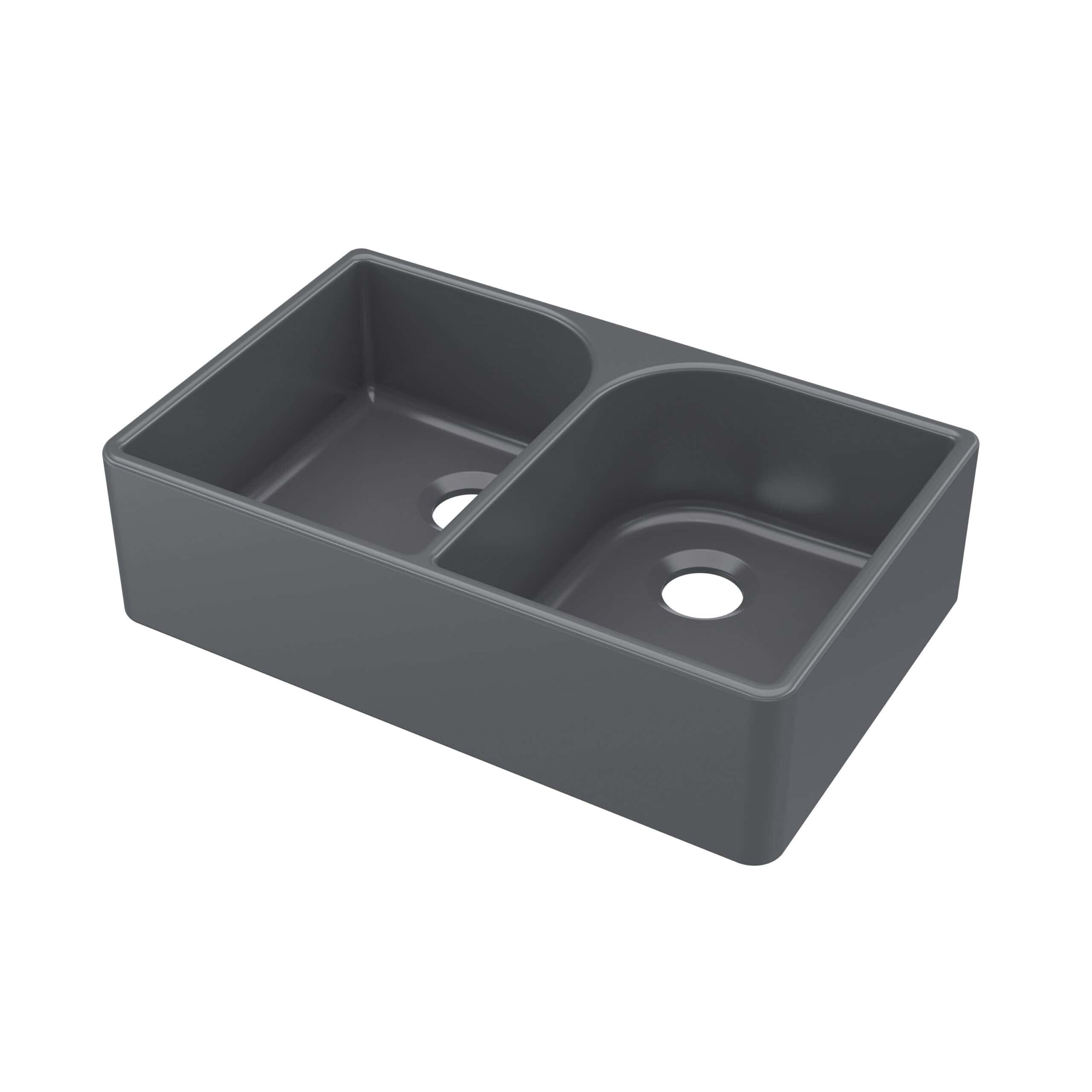 Dark grey double kitchen sink with two basins, modern design, suitable for contemporary kitchens, easy to clean, durable material, and perfect for daily use and food preparation.
