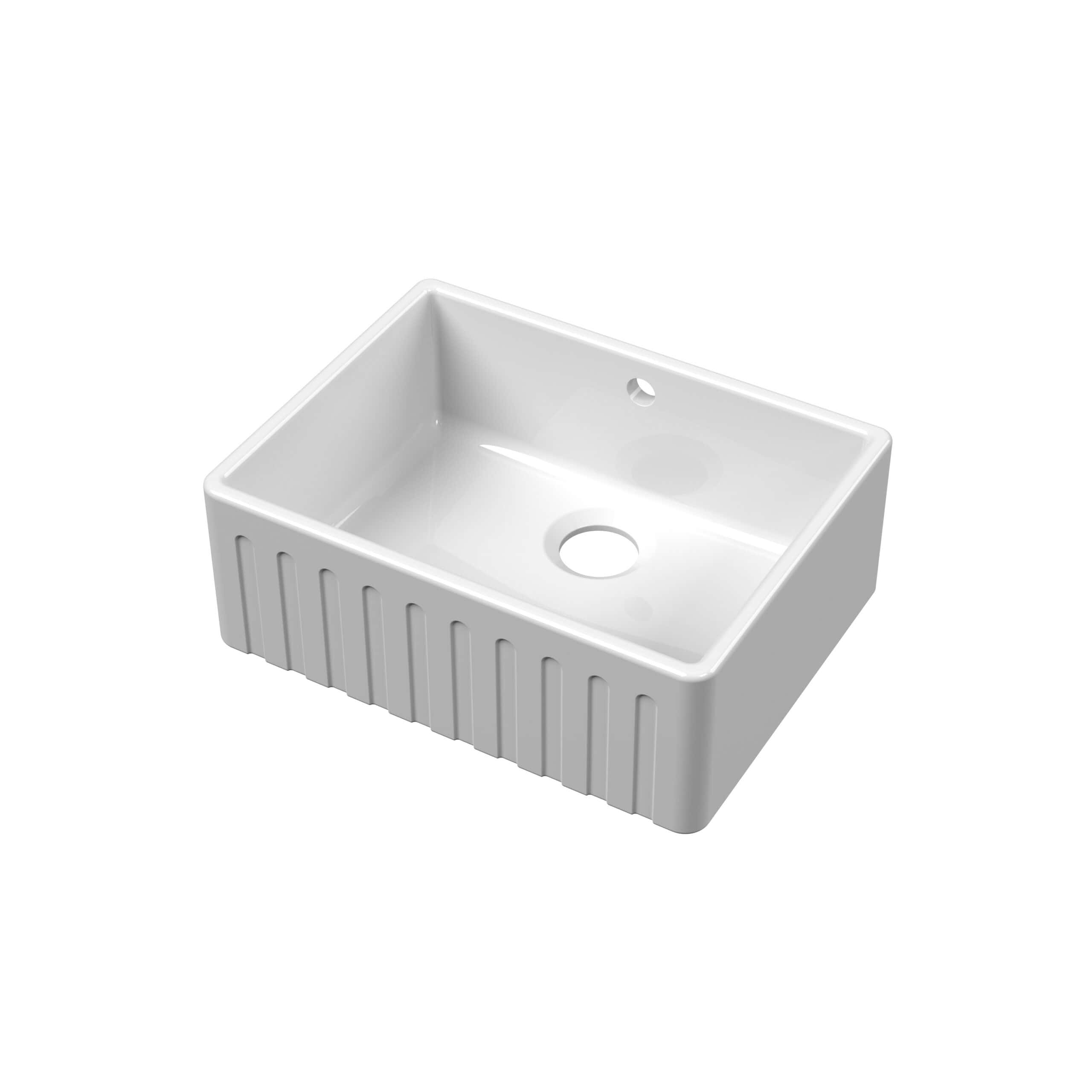 Modern white ceramic kitchen sink with a ribbed exterior, designed for durability and style in contemporary bathrooms or kitchens. Perfect for undermount or inset installation, featuring a central drain hole.