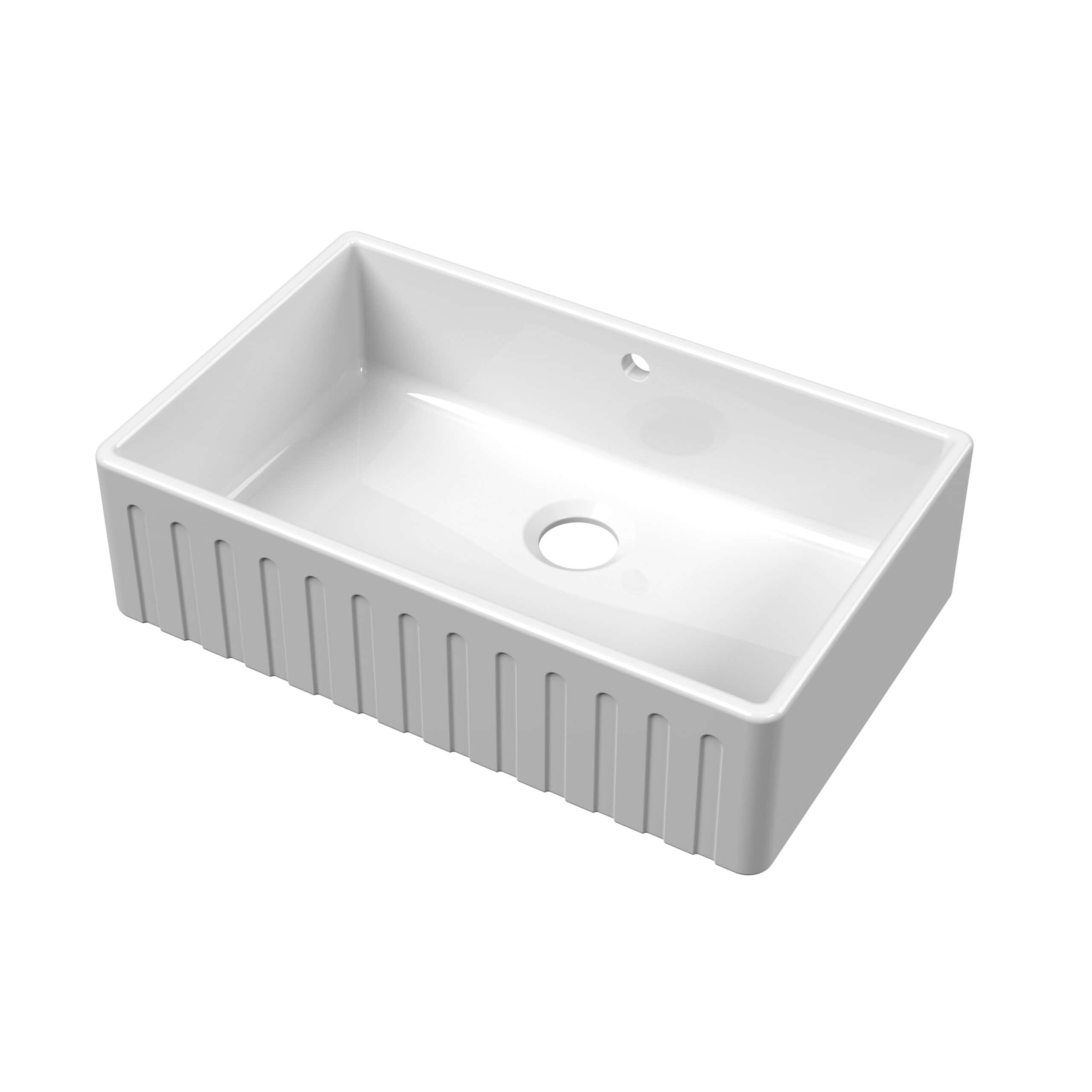 Modern white ceramic kitchen sink with a ribbed exterior design, integrated overflow, and central drainage hole, perfect for contemporary bathroom or kitchen renovation.