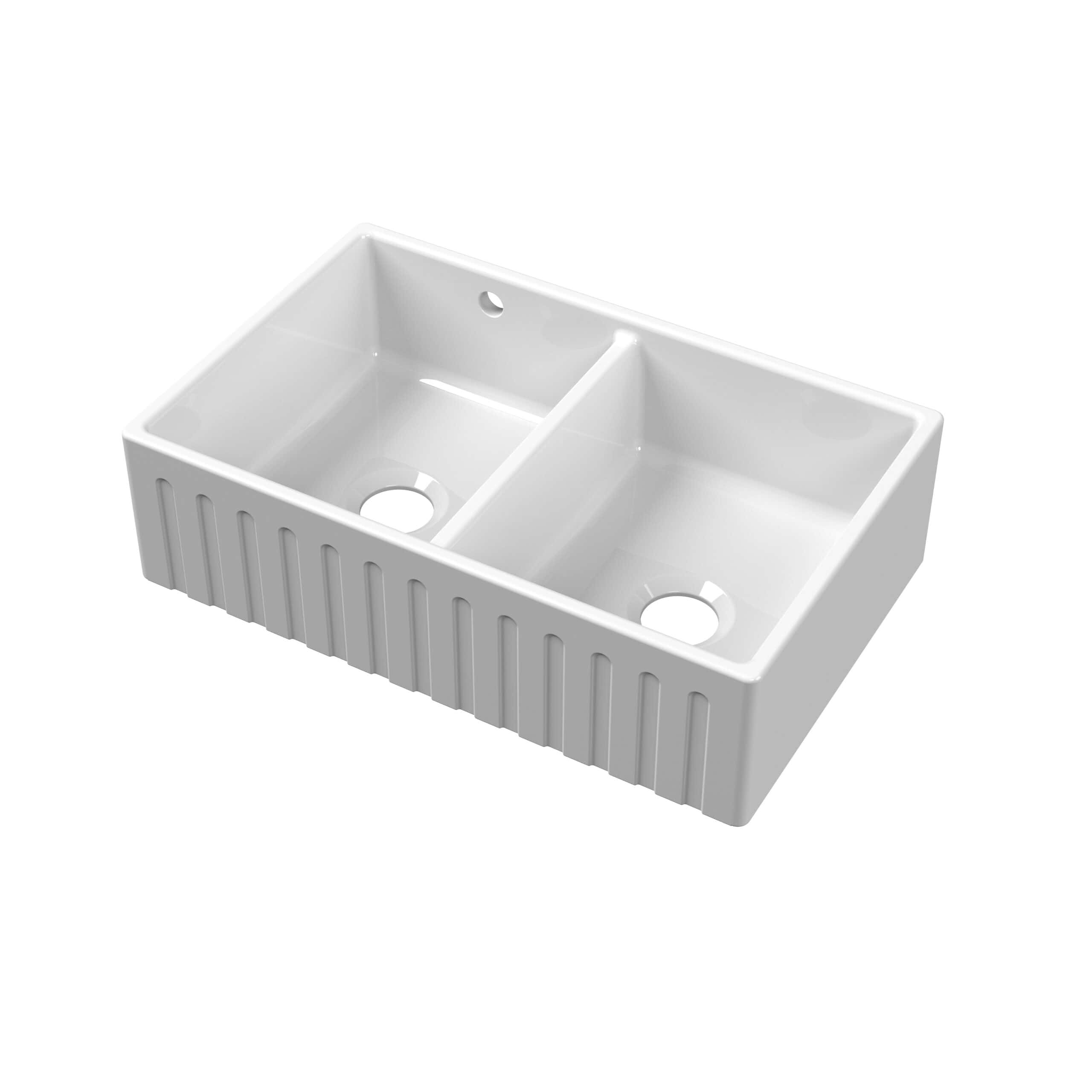 Double-basin white ceramic kitchen sink with integrated draining board, ideal for modern bathrooms and kitchens. Features durable, easy-to-clean surface and multiple drainage options for versatile installation.