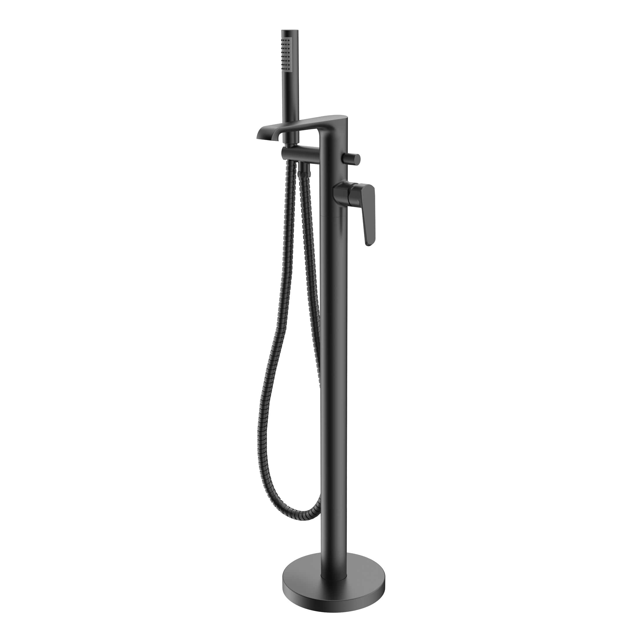 High-quality black freestanding bathroom shower set with handheld shower head, hose, and modern mixer tap for luxurious Bubly Bathrooms. Perfect for contemporary bathroom designs and easy installation.
