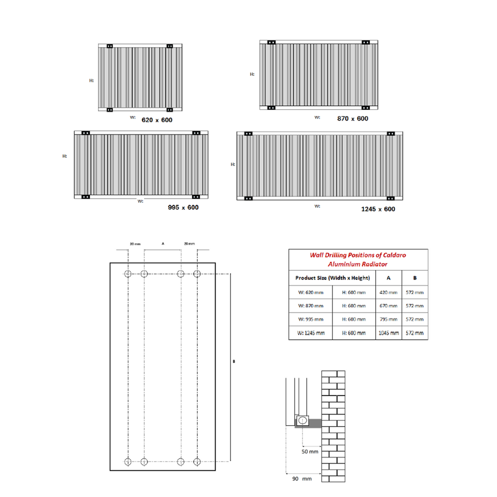 Reina Caldaro Horizontal Anthracite Designer Radiator - technical drawing with dimensions