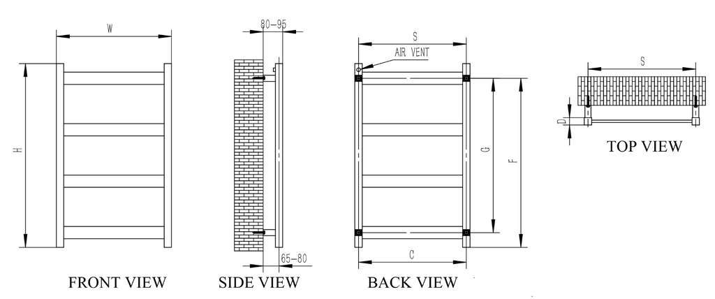 Reina Mina Polished Stainless Steel Heated Towel Rail - technical drawing with dimensions
