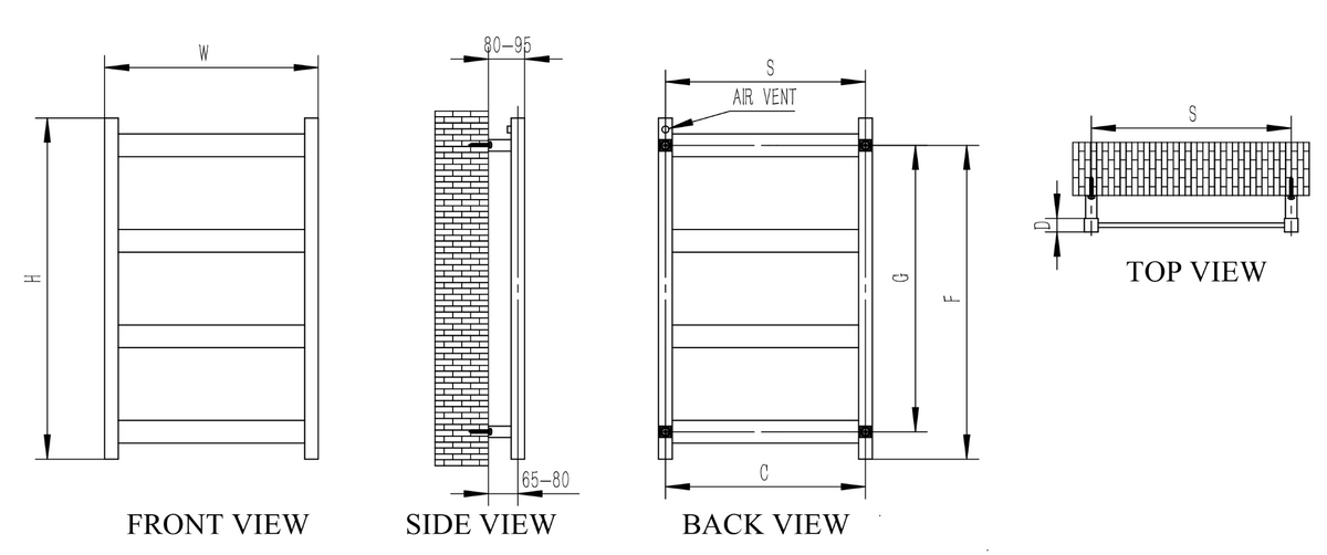 Reina Mina Polished Stainless Steel Heated Towel Rail - technical drawing with dimensions