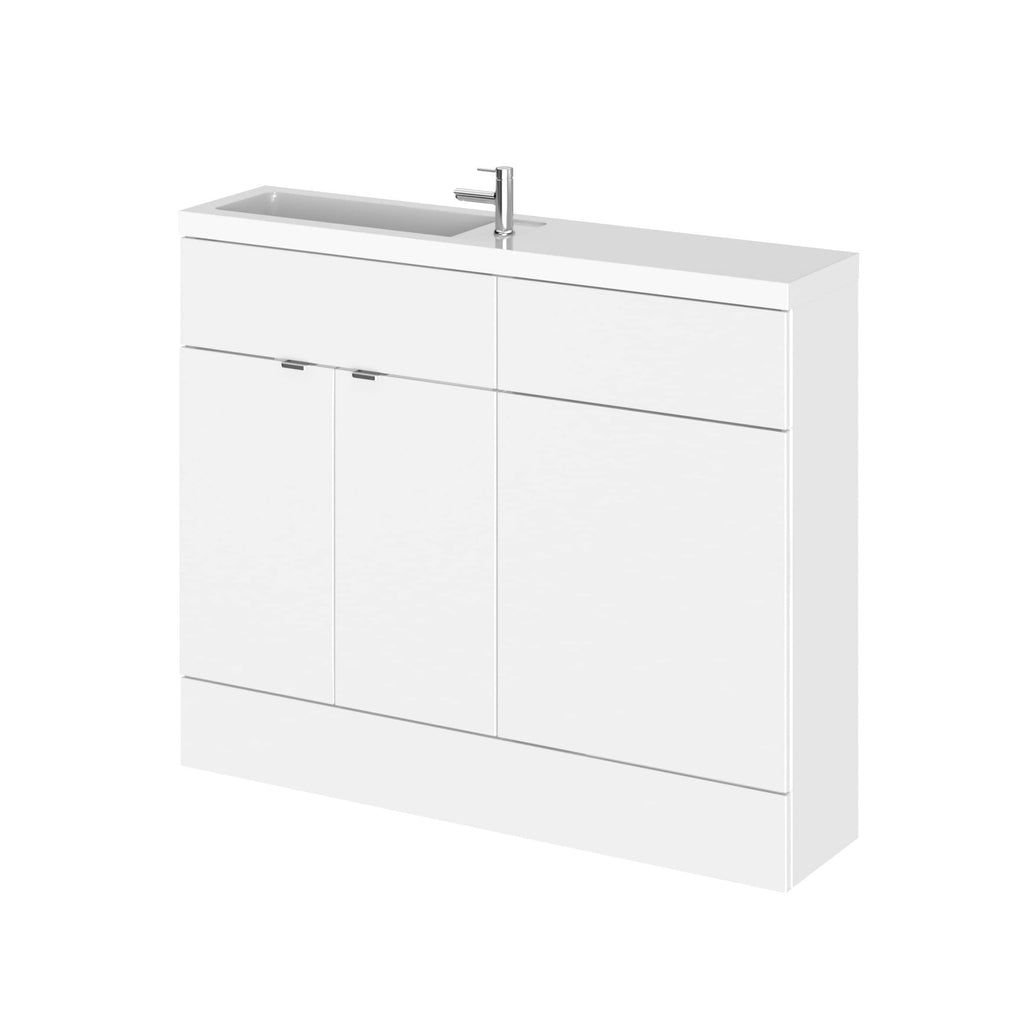Modern white bathroom vanity unit with integrated sink and chrome tap, ideal for contemporary bathroom renovations and storage solutions.
