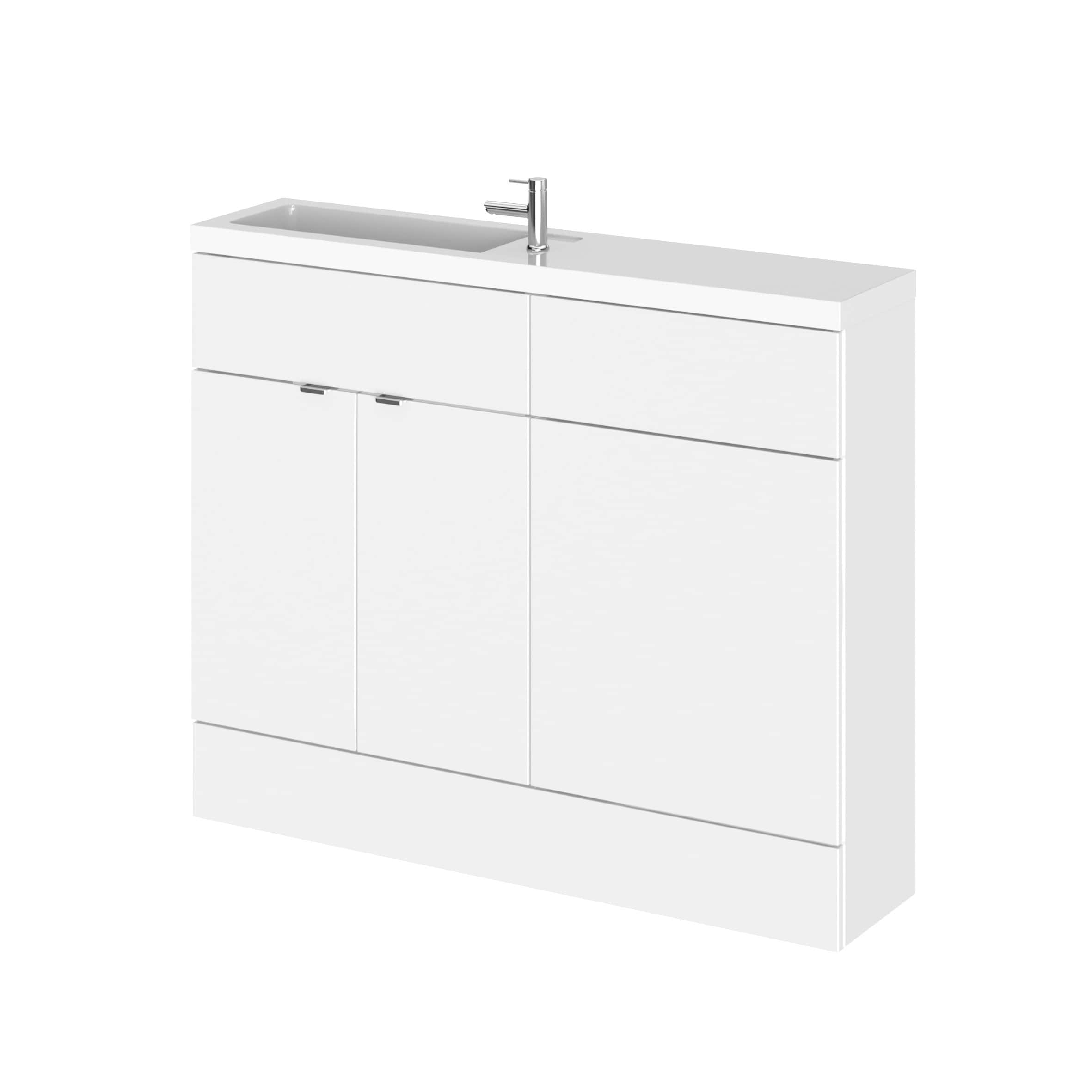 Modern white bathroom vanity unit with integrated sink and chrome tap, ideal for contemporary bathroom renovations and storage solutions.