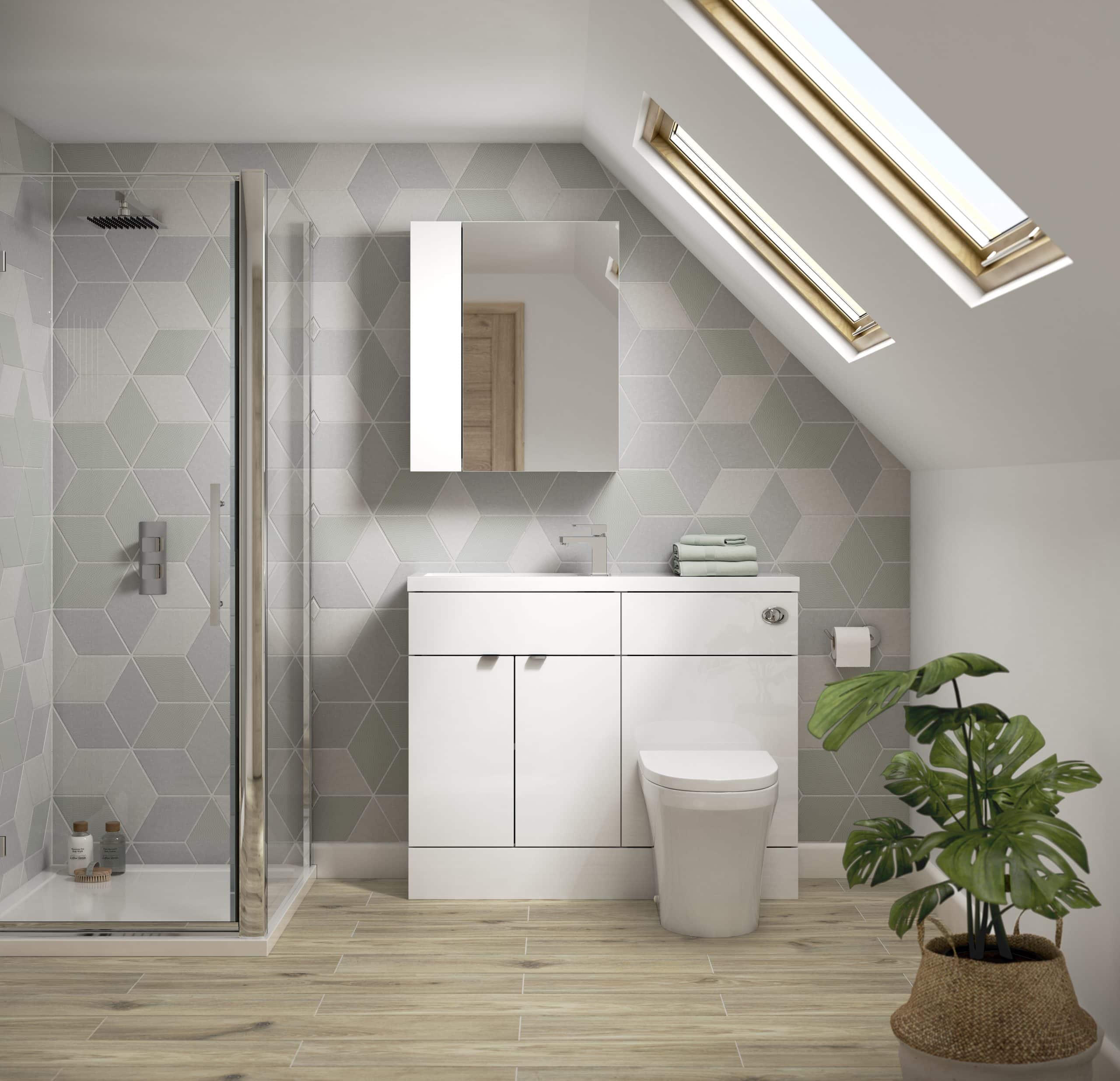 Modern bathroom with walk-in shower, white vanity, toilet, and skylight windows, featuring contemporary design, natural light, and stylish decor for a functional and aesthetic space.