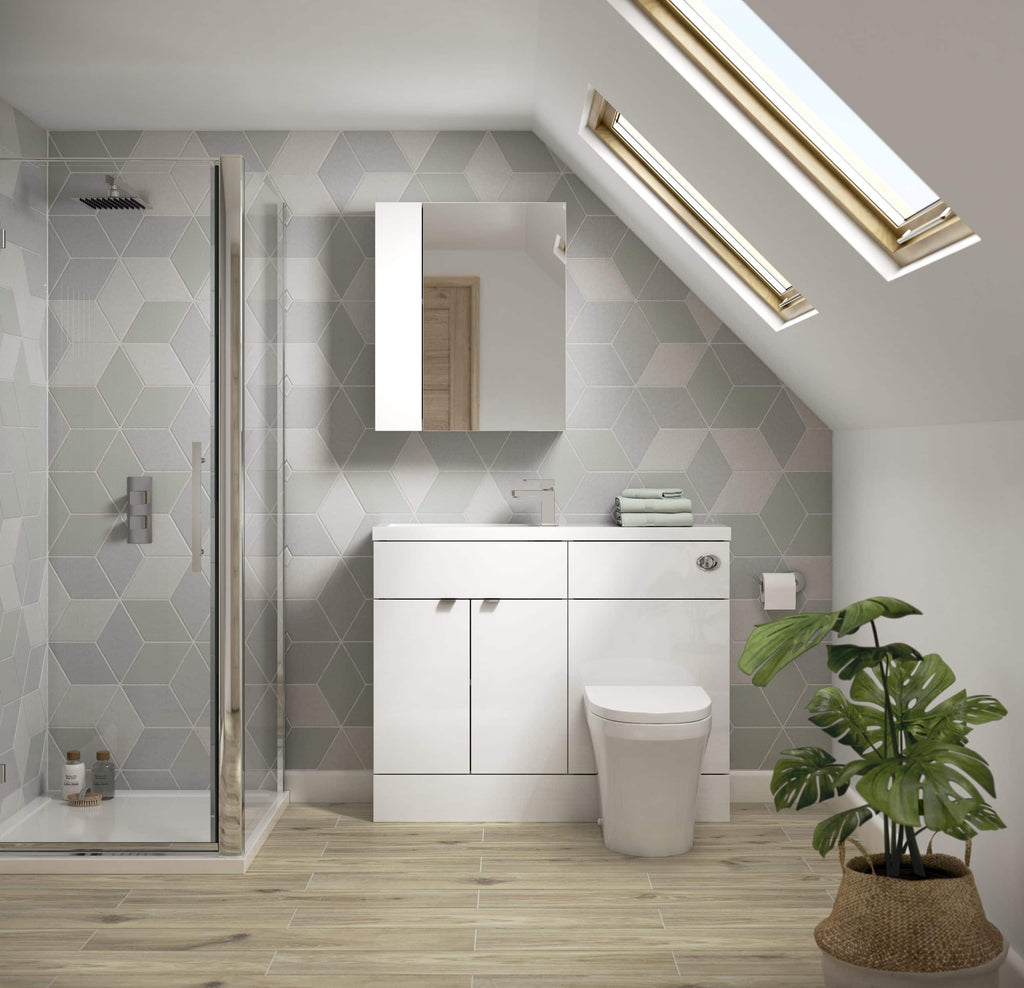 Modern bathroom with walk-in shower, white vanity, toilet, and skylight windows, featuring contemporary design, natural light, and stylish decor for a functional and aesthetic space.