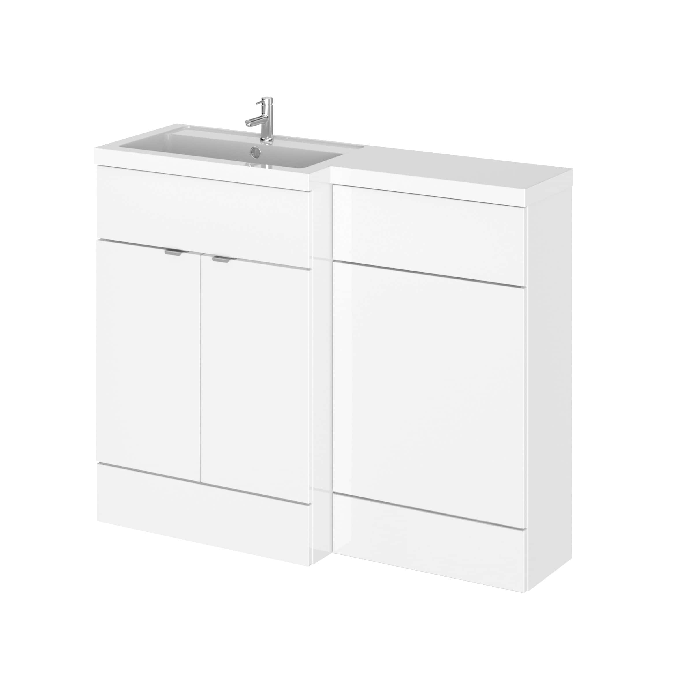 Sleek modern white bathroom vanity unit with integrated sink, minimalist storage, and chrome tap, ideal for contemporary bathrooms seeking style and practicality.
