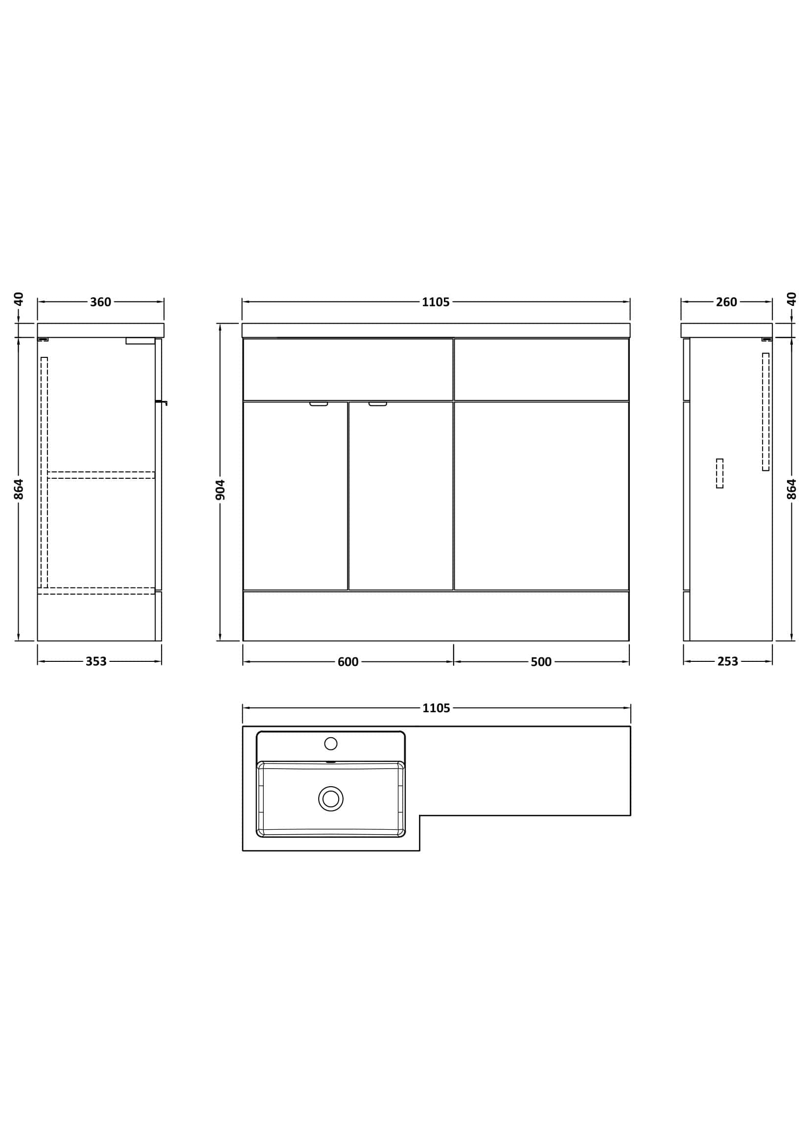Contemporary bathroom vanity cabinet with integrated sink, detailed technical drawing for bathroom design, measuring 1105mm wide, ideal for modern Bubly bathrooms.