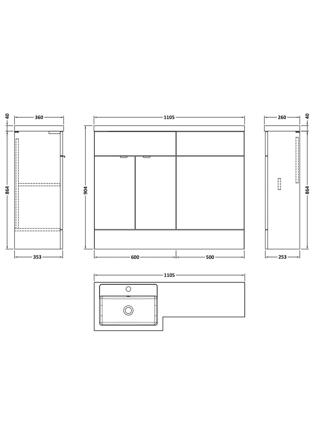 Contemporary bathroom vanity cabinet with integrated sink, detailed technical drawing for bathroom design, measuring 1105mm wide, ideal for modern Bubly bathrooms.
