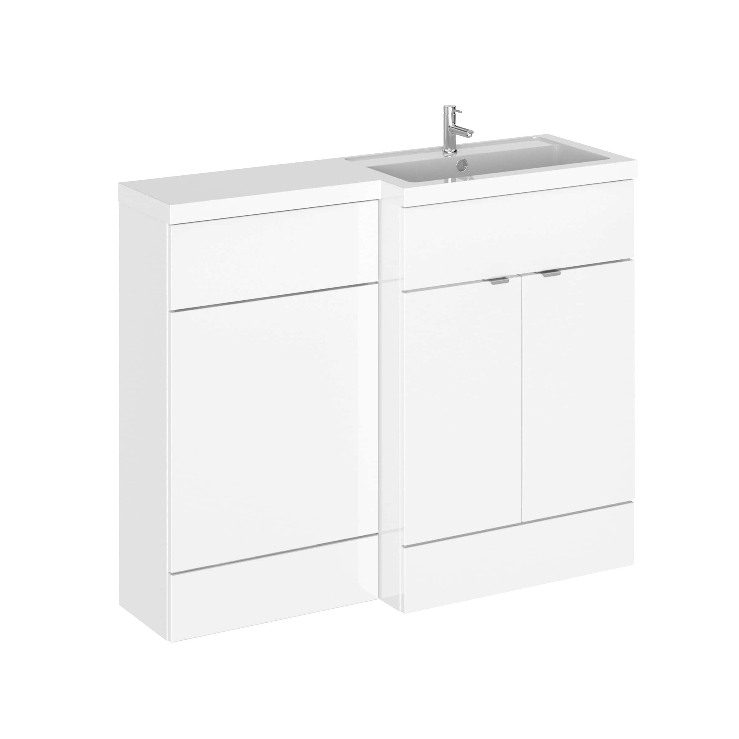 White modern bathroom vanity unit with integrated sink and storage, ideal for contemporary bathroom designs. Features sleek, minimalist cabinetry perfect for storage and style.