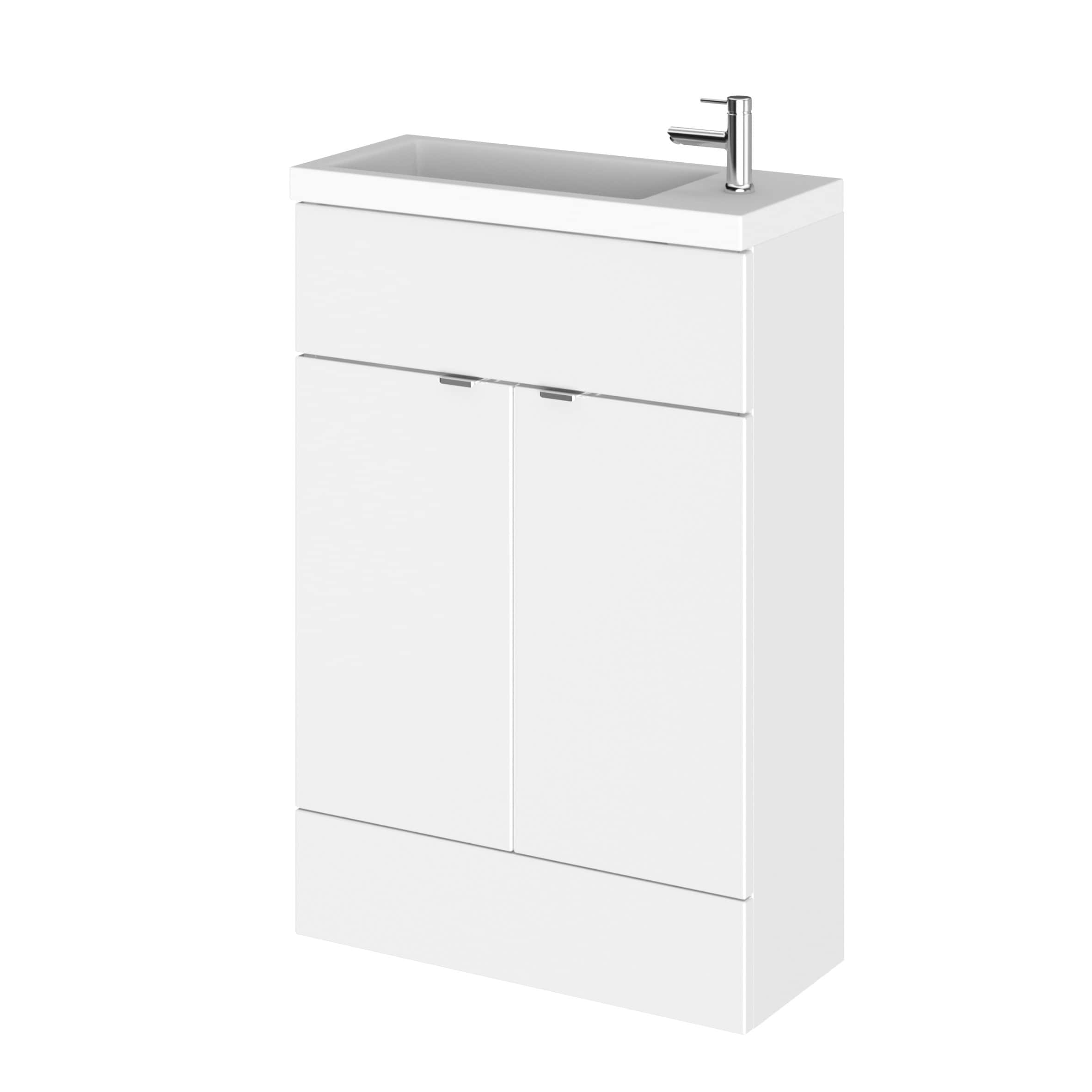 Sleek white bathroom vanity with integrated sink and chrome faucet, perfect for modern bathroom decor and space-saving storage solutions.