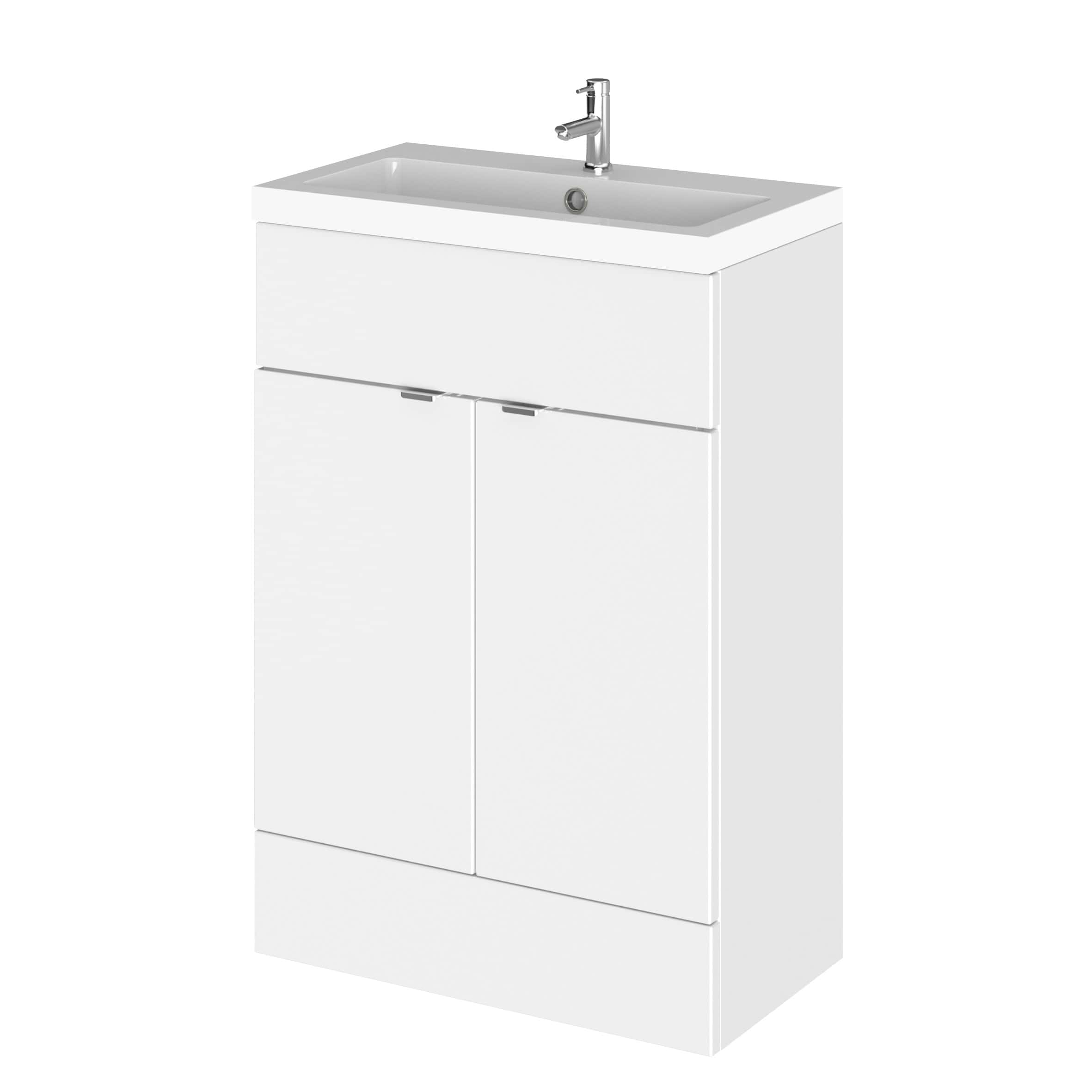 Modern white bathroom vanity with integrated sink and chrome tap, ideal for contemporary bathroom designs.