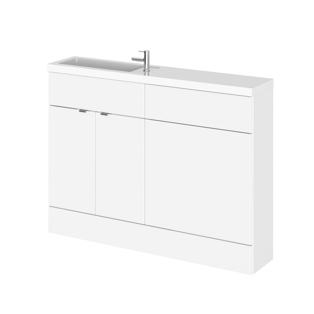 Sleek white bathroom vanity with integrated sink and chrome tap, modern and minimalist design, perfect for contemporary bathrooms. Suitable for storage and everyday use.