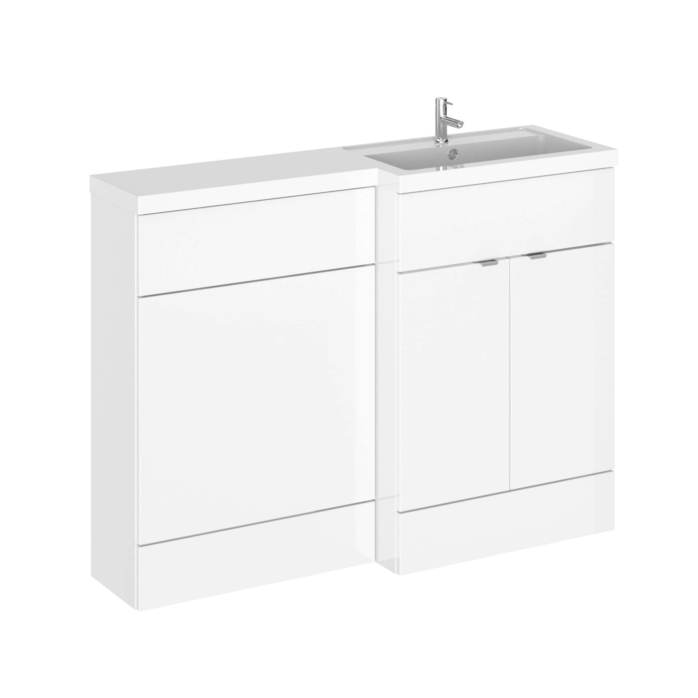Sleek white bathroom vanity unit with integrated sink, modern minimalist design, ample storage drawers, ideal for contemporary bathrooms.
